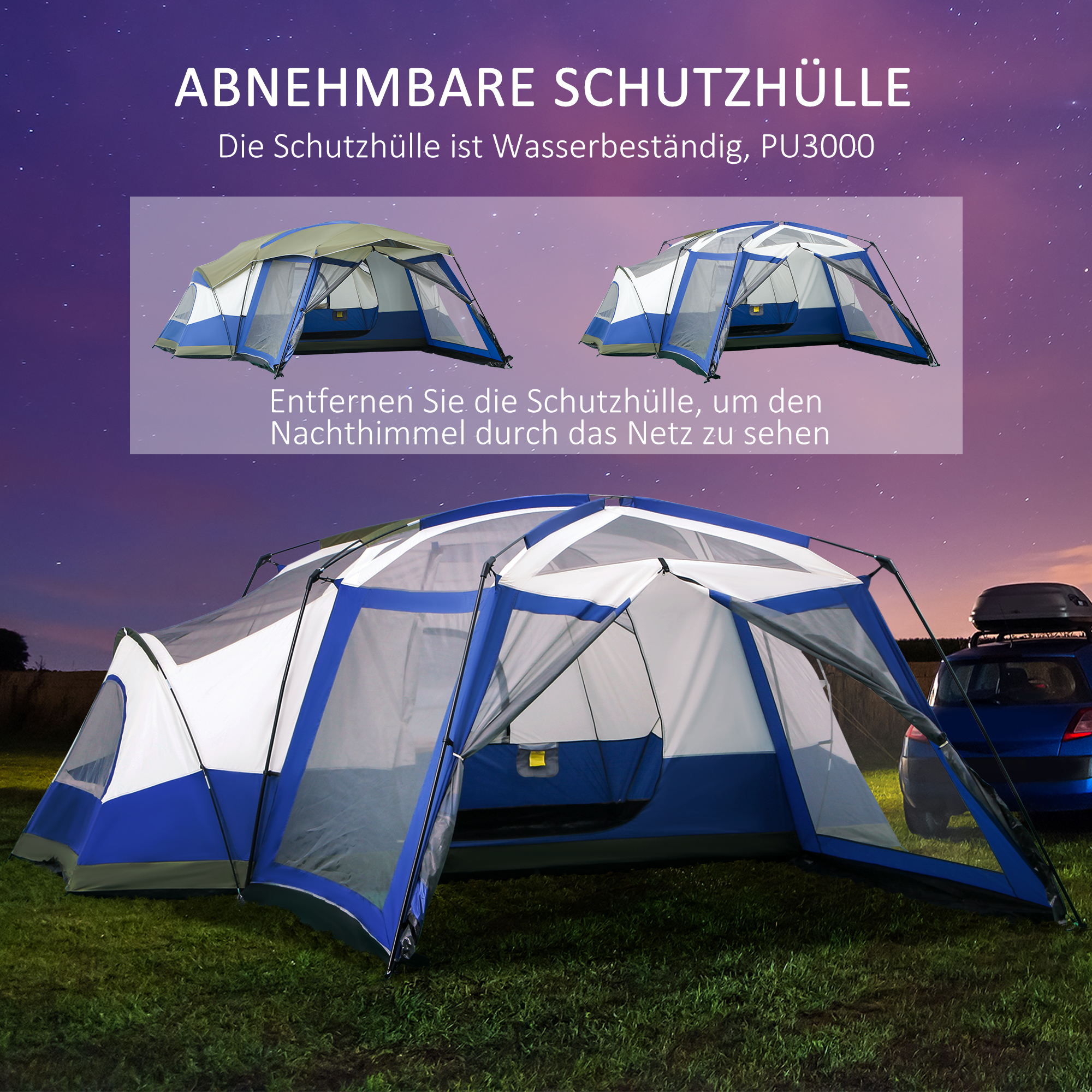 Camping Zelt 6-8 Personen Zelt Familienzelt mit Vorraum 2 Fenster Kuppelzelt Kunstleder3000mm für Trekking Festival Glasfaser Blau 518 x 487 x 237 cm