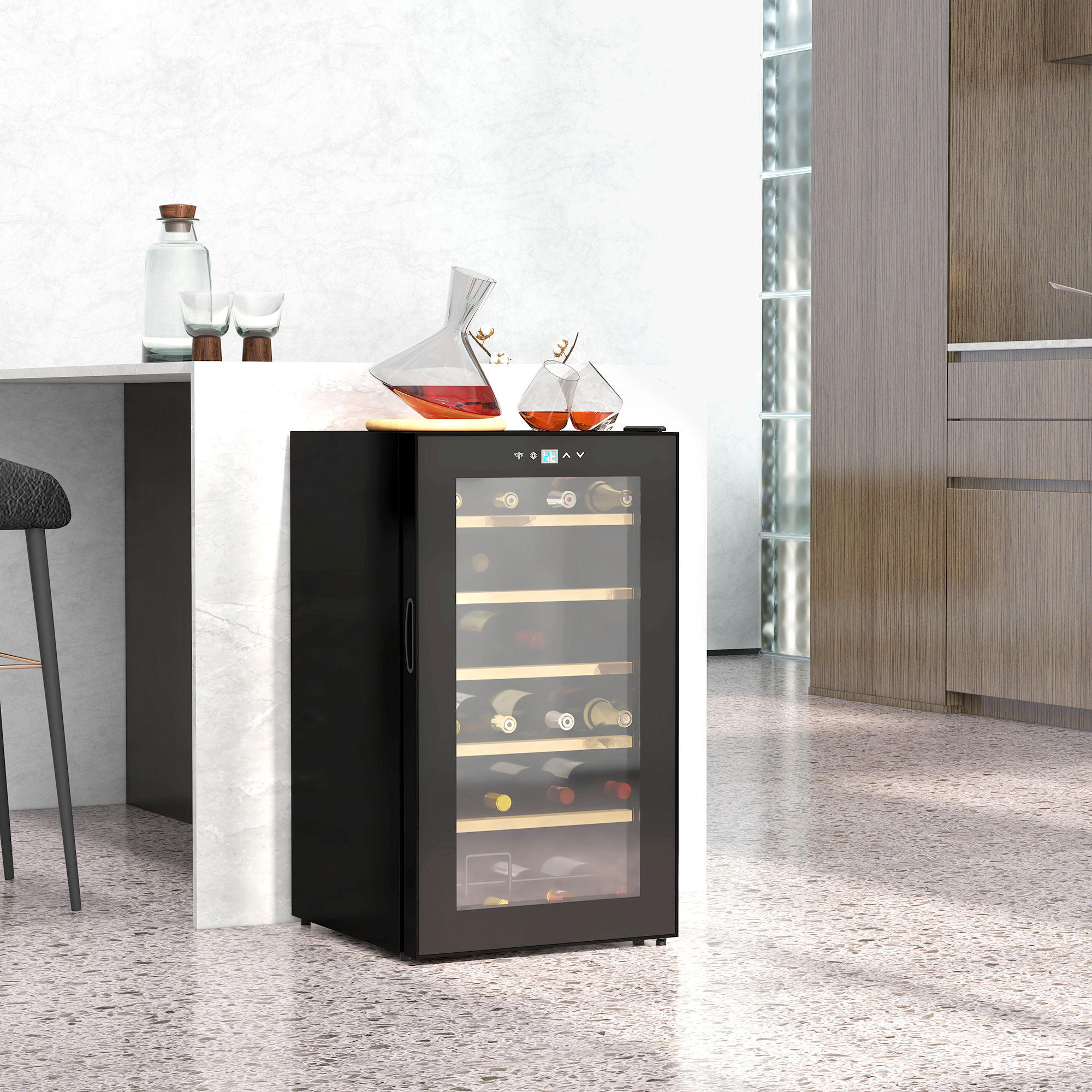 Weinkühlschrank klein Wohnzimmer für 24 Flaschen, einstellbare Temperatur 5 bis 20° C, LED-Beleuchtung, schwarz, 43 x 45 x 75 cm