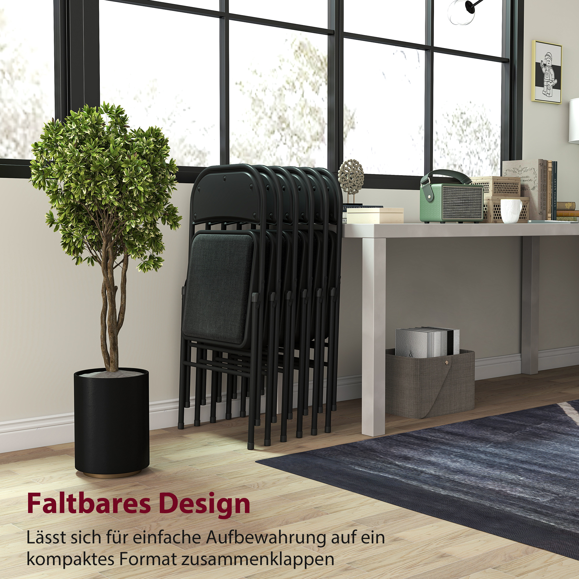 6er-Set Klappstühle, Tragbare Bürostühle, Metallbeine, Faltstuhl für Büro, Empfang, Wartezimmer, Leinenoptik, Schwarz