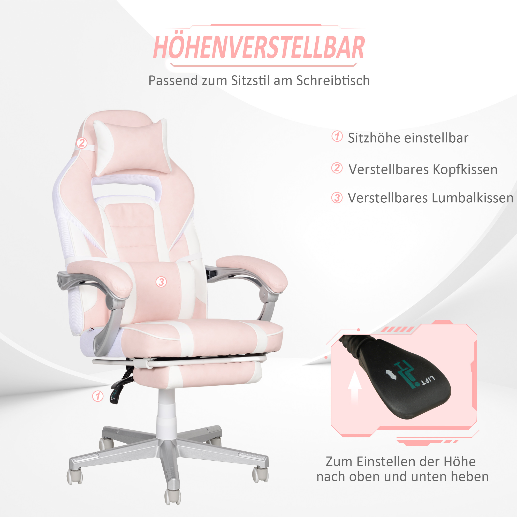 Gamingstuhl mit Fußstütze, Kopf- & Lendenkissen, drehbar, höhenverstellbar, Rosa