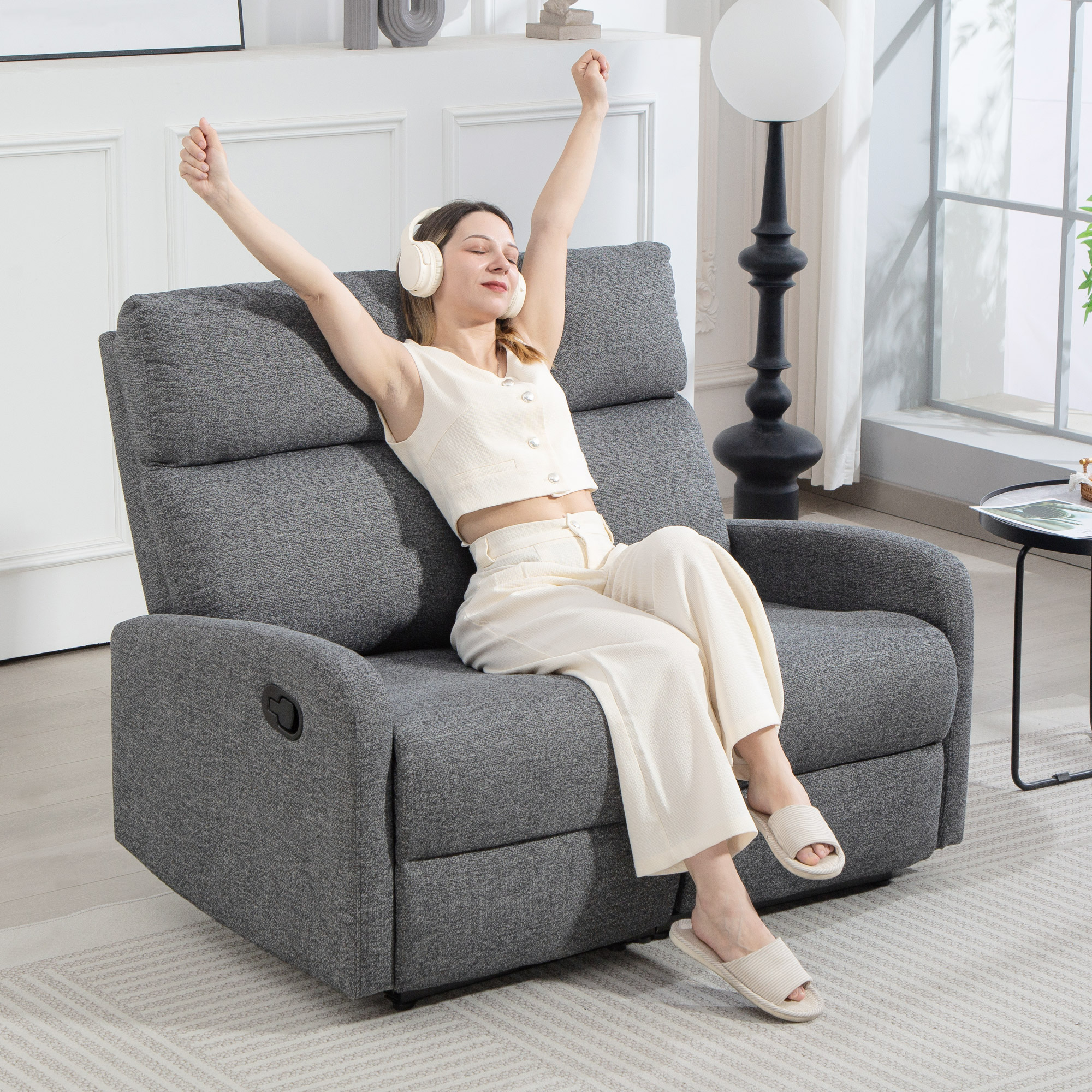 2-Sitzer-Sofa, individuell verstellbare Rückenlehnen, Fußstütze, Stoffbezug, Stahl, Grau