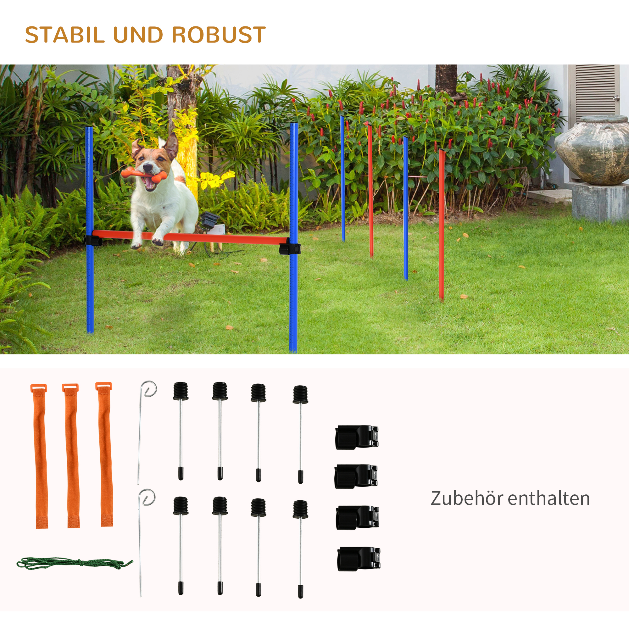 Hunde-Agility-Trainingsgeräte, Agility-Übungs-Set, Hund Agility Set, Slalom-Hürden-Sprungring für Hunde, 3 in 1 Hundesport Trainingsplatz, Blau+Rot
