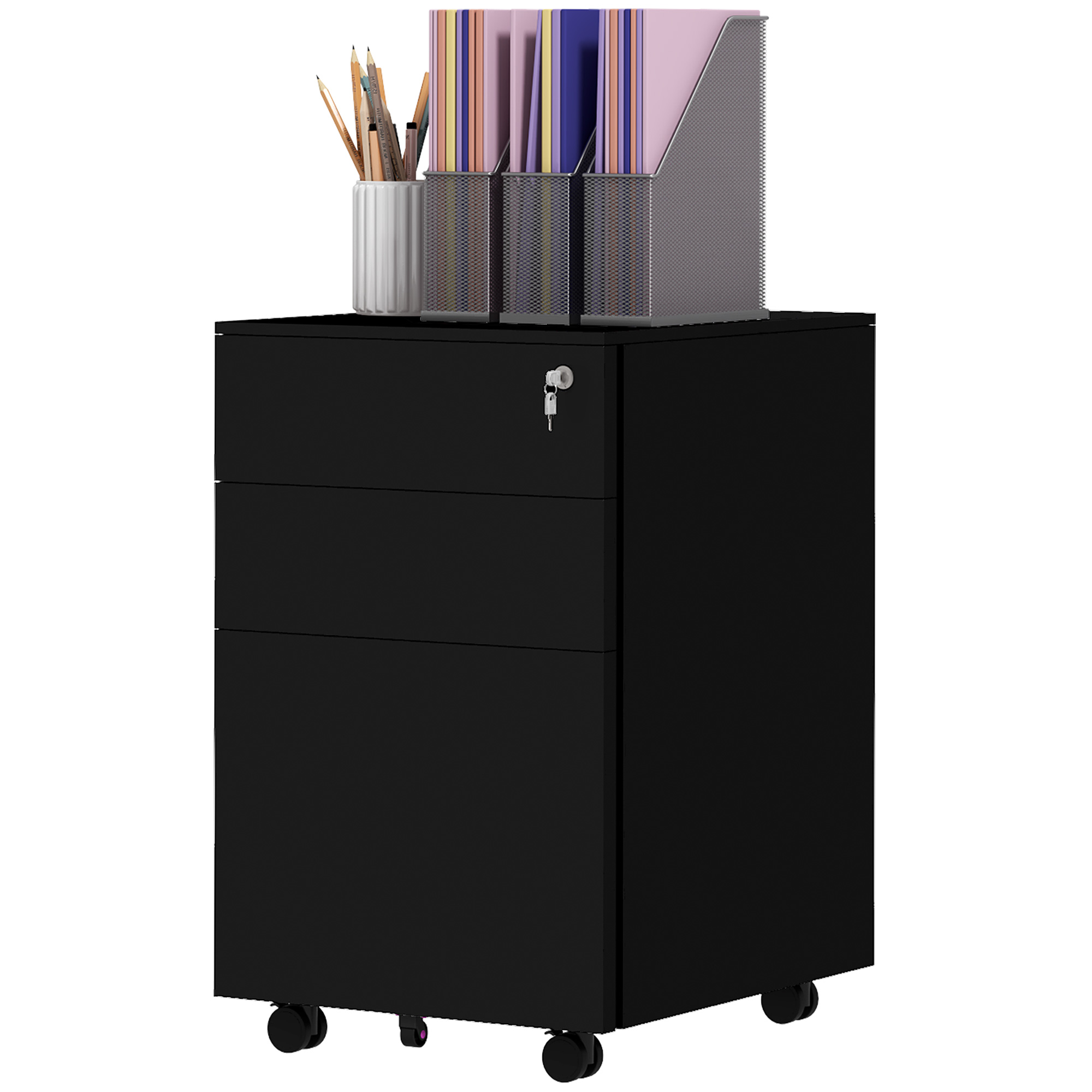 Rollcontainer Aktenschrank, 3 Schubladen, abschließbar, rollbar, 37 cm x 43,5 cm x 60 cm, Schwarz