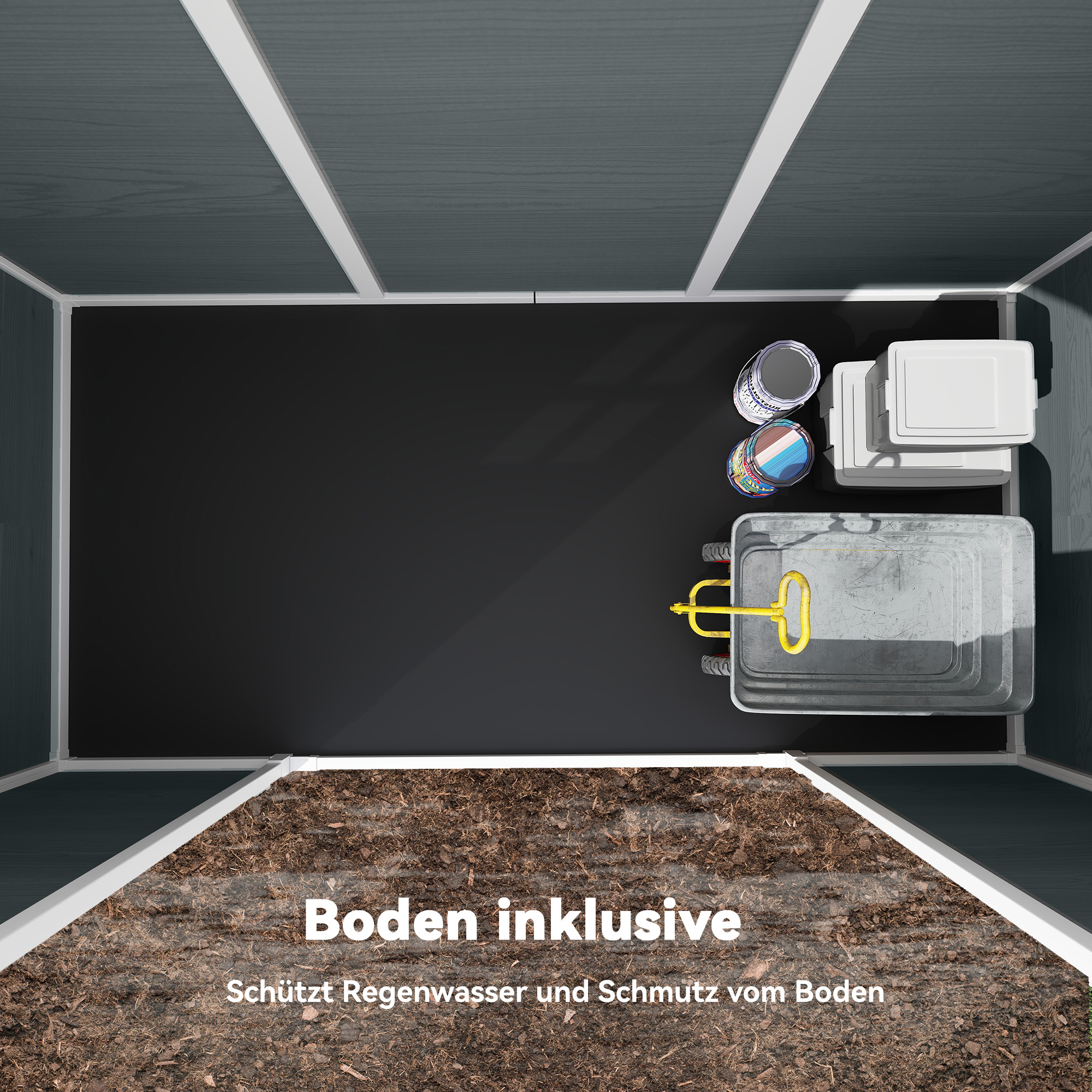Gerätehaus 2,77 m², Geräteschuppen mit Holzoptik 2 Fenster Doppeltür Belüftung Boden Schloss Handschuhe