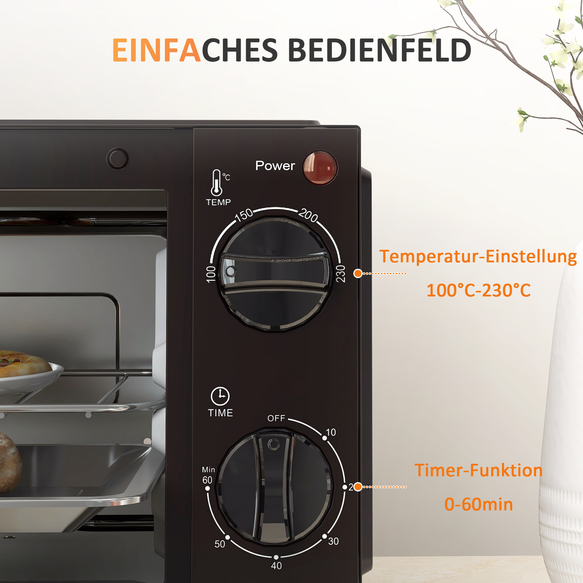 Mini-Backofen, 9 Liter Fassungsvermögen, Einstellbare Temperatur und Garzeit, mit Grillrost und Backblech, Schwarz