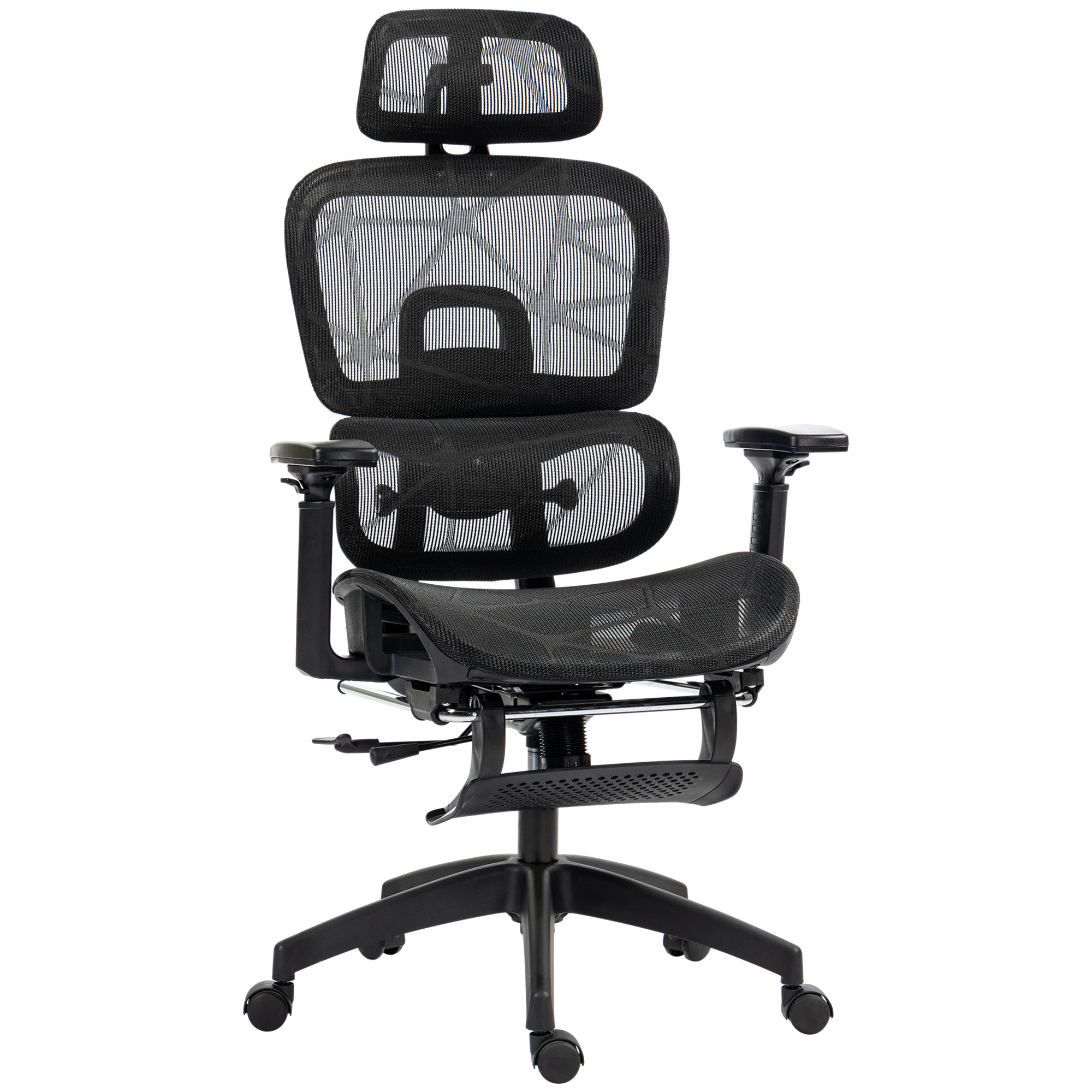 Bürostuhl, Ergonomischer Schreibtischstuhl mit Netzstoffbezug, verstellbar, rollbar, mit Armlehnen, Kopfstütze, Schwarz