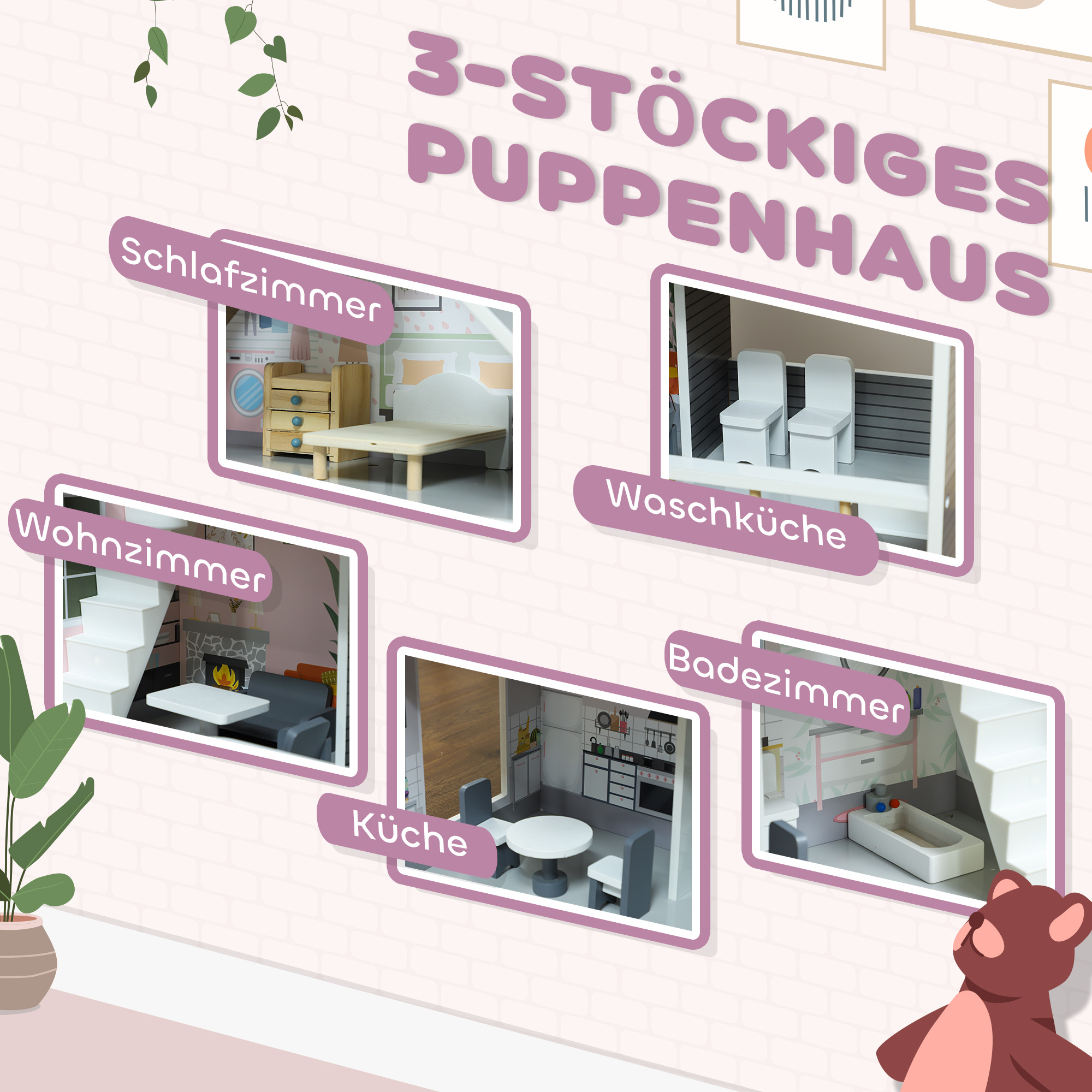 Puppenhaus aus Holz mit 13 Möbelstücken und Zubehör, 3-stöckiges Spielhaus für Kinder im Alter von 3-6 Jahren