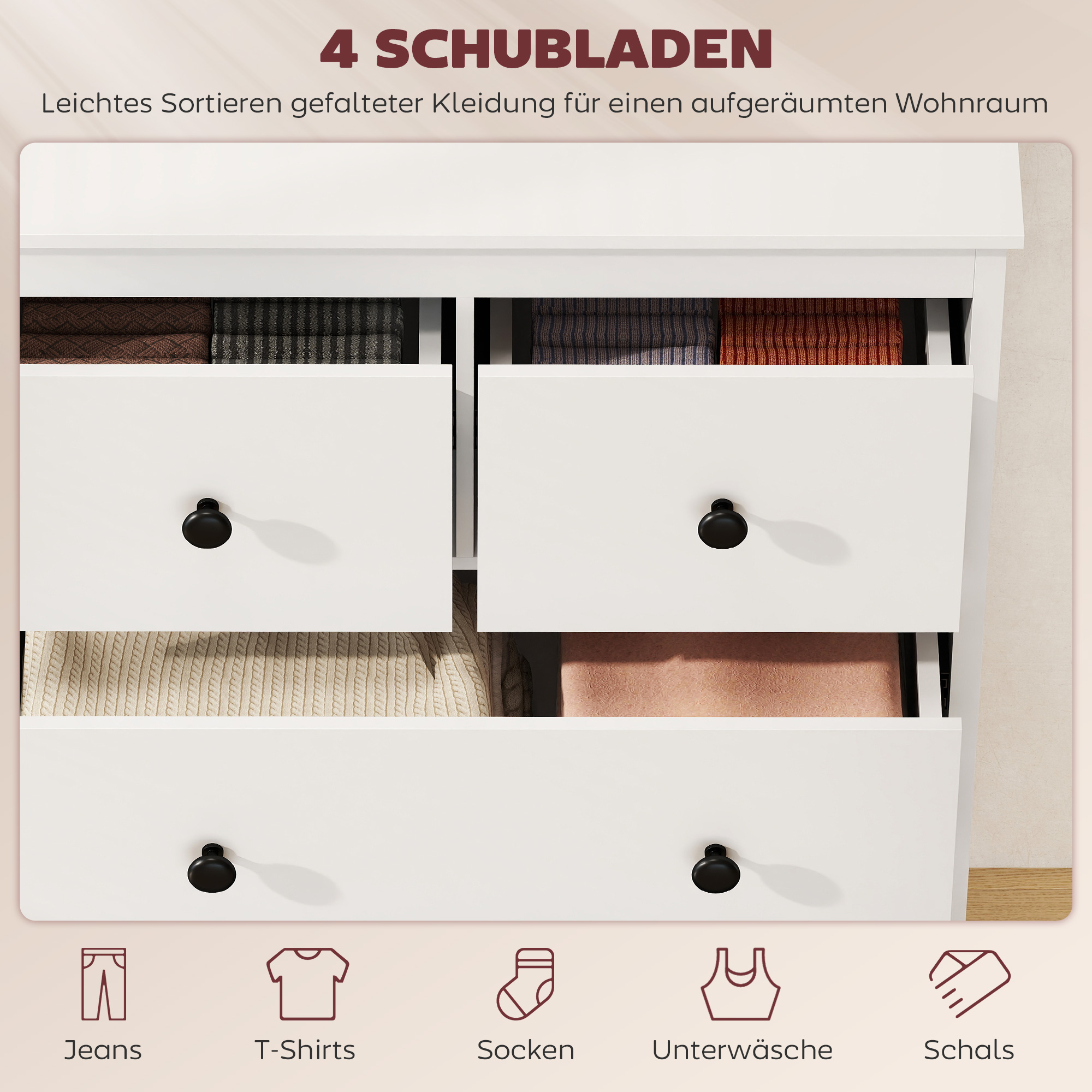 Kommode mit 4 Schubladen, für Kleidung & Bettwäsche, Wohnzimmer, Schlafzimmer, Flur, Spanplatte, Weiß