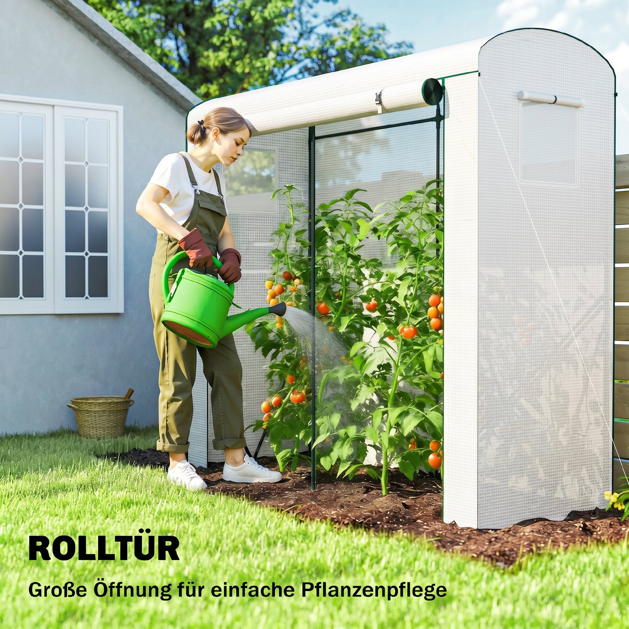 Gewächshaus mit Netzfenstern aufrollbarer Tür, Foliengewächshaus aus Stahl 200 x 75 x 188 cm Weiß