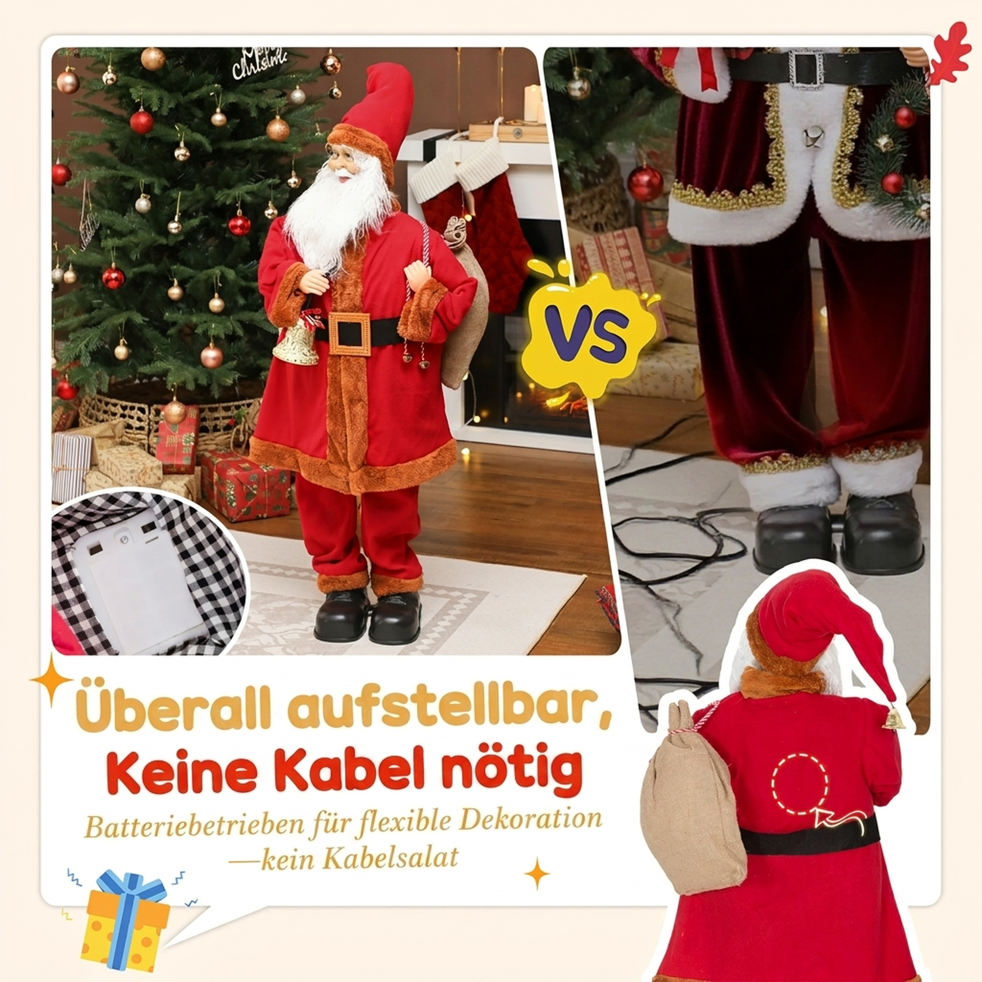 Weihnachtsmann 120 cm Nikolaus Figur mit Beweglichem Kopf und Armen, Glocke und Sack, Geräusch- und Berührungssensor