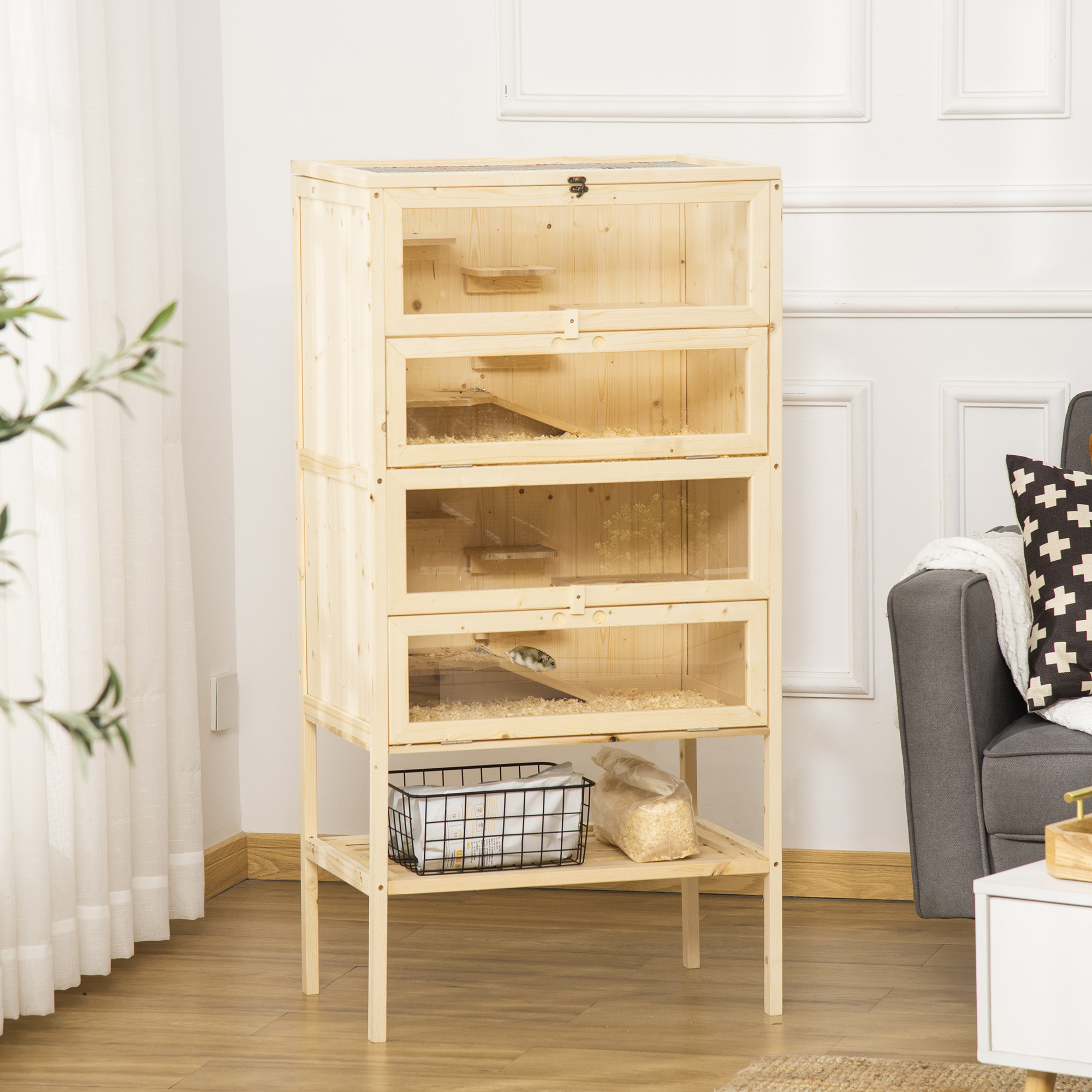 Hamsterkäfig aus Holz 5 Etagen Nagarium Nagerkäfig Kleintierkäfig mit Gitterdach Rampen, Holzkäfig Mäusekäfig groß Käfig für Hamster Zwerghamster 60 x 40 x 120 cm Naturholz