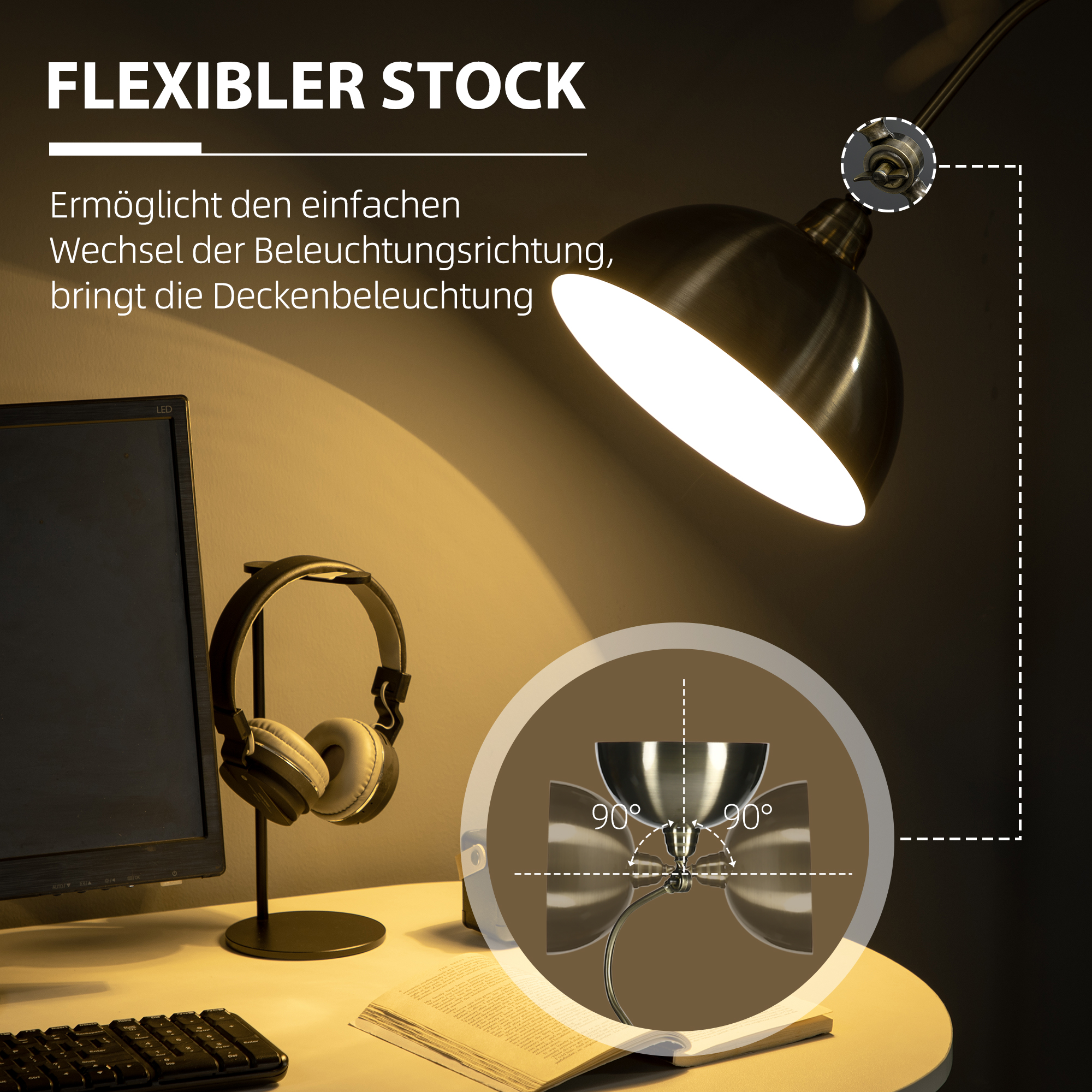 Stehleuchte im Vintage-Design, verstellbarer Winkel, Messing-Look, 42 cm x 25,5 cm x 152 cm, Bronze