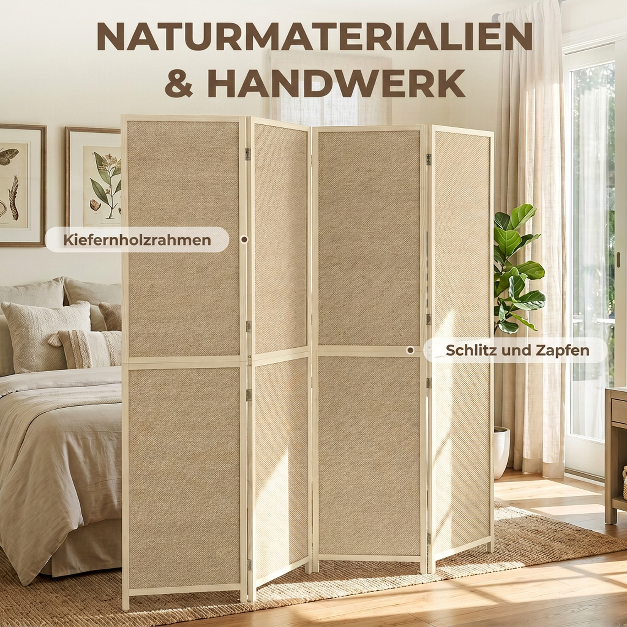 Paravent mit 4 Paneelen, faltbare Trennwand aus handgeflochtenem Bambus, 180 x 180 cm, Natur