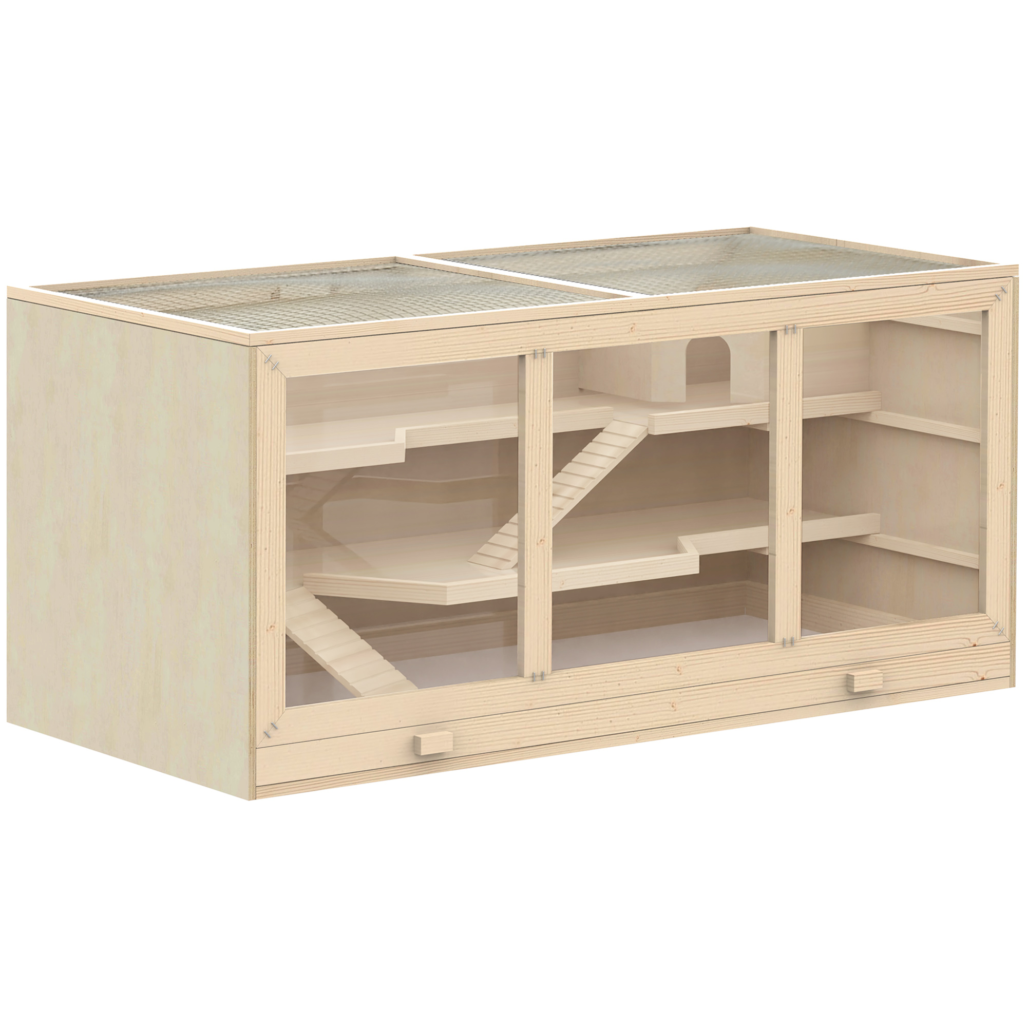 Hamsterkäfig aus Holz 3 Etagen Nagerkäfig mit reinigbar Ablage Kleintierkäfig mit klappbarem Deckel Treppen Holzkäfig Käfig für Hamster Zwerghamster 115 x 57 x 55 cm Naturholz