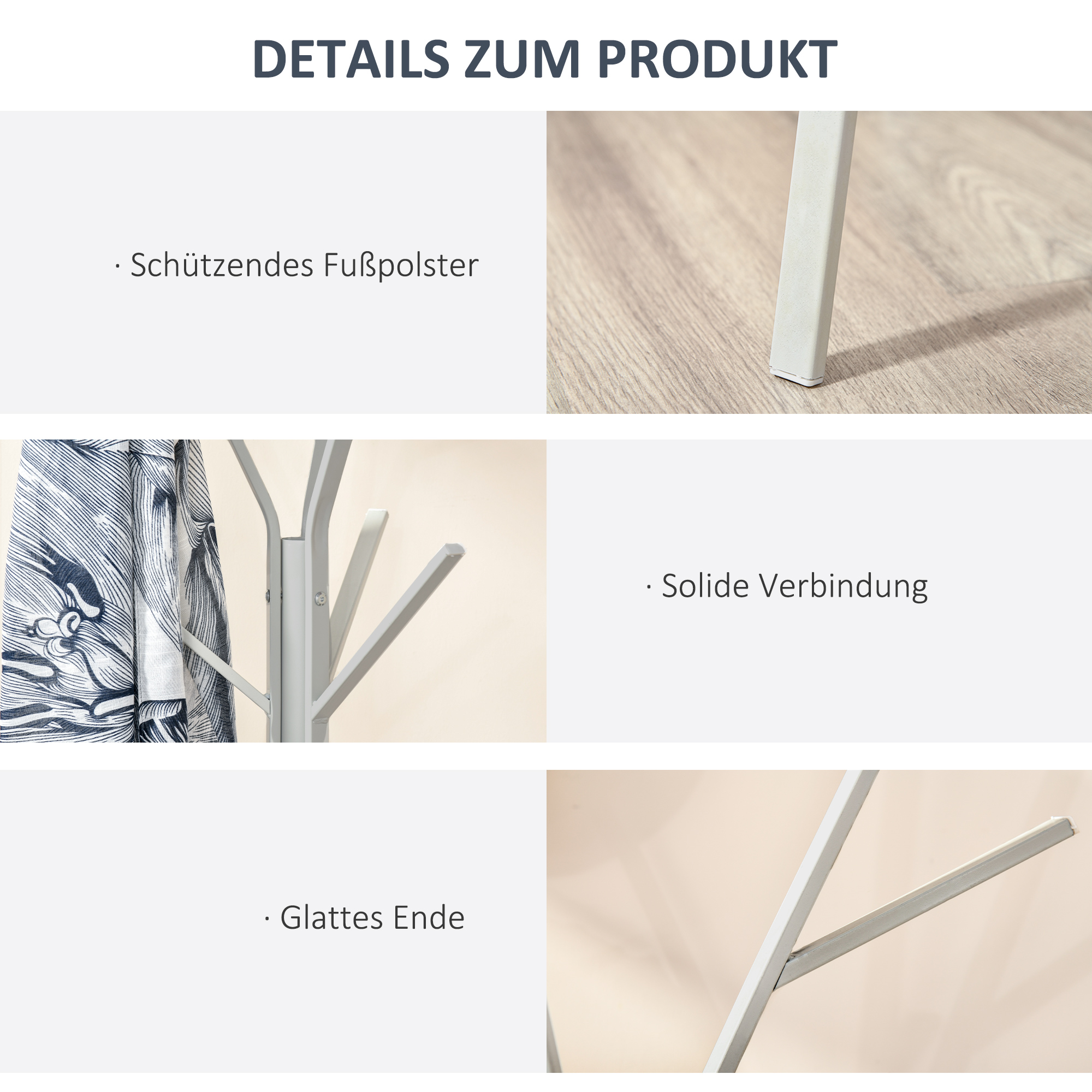 Garderobenständer Kleiderständer mit Ablage und 8 Haken Jackenständer Moderner Garderobe für Kleidung Hut Tasche, Wohnzimmer, Weiß