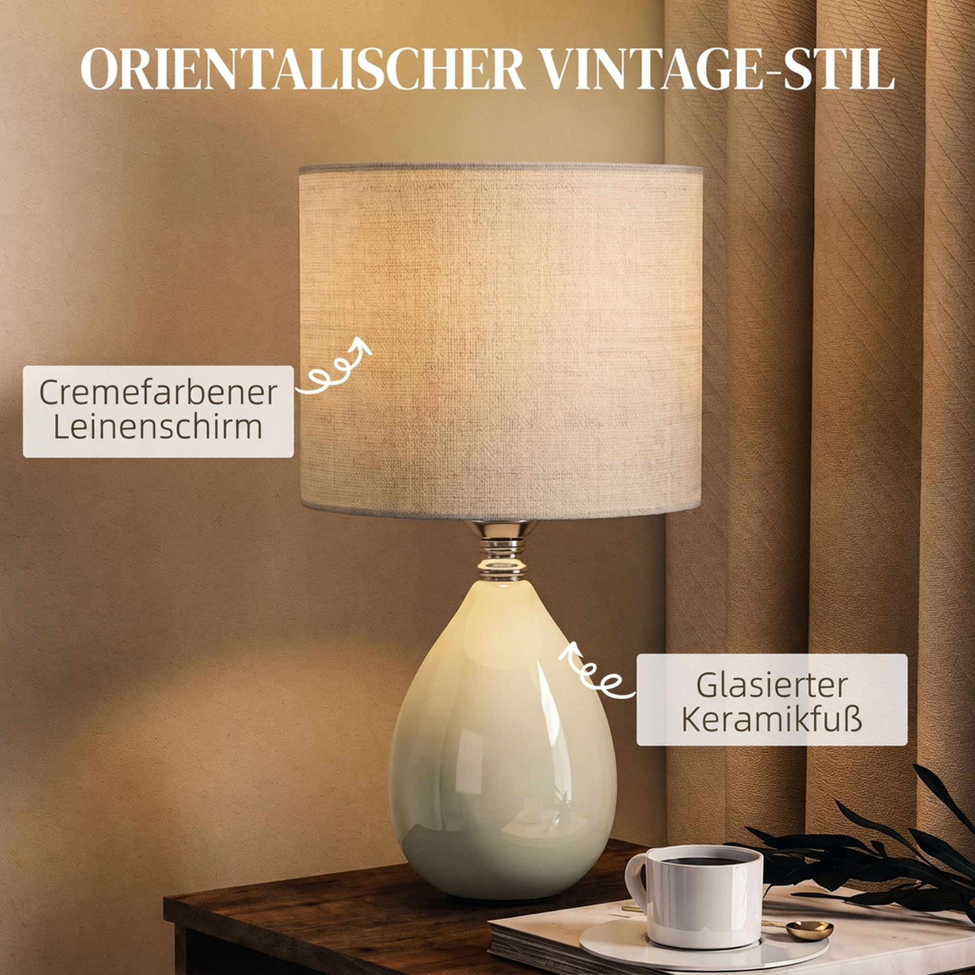 Tischlampe Tischleuchte, Vintage Nachttischlampe Schreibtischlampe mit Keramiksockel, Leinenschirm Kabel, E27 Fassung