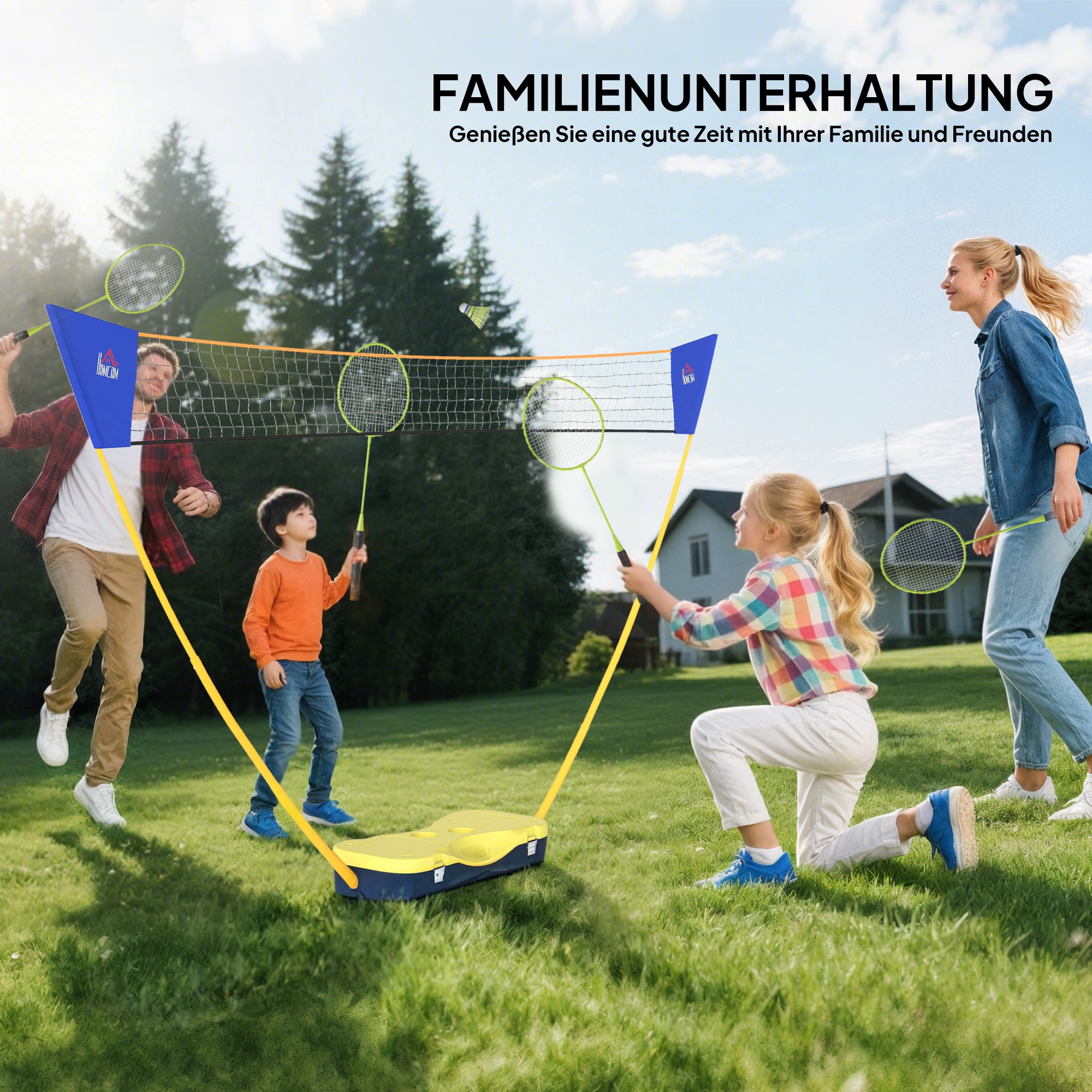 Badminton Netz tragbarer Netzständer Badminton Set 4 Schläger Outdoor Sport 286 x 33 x 157 cm Gelb+Blau