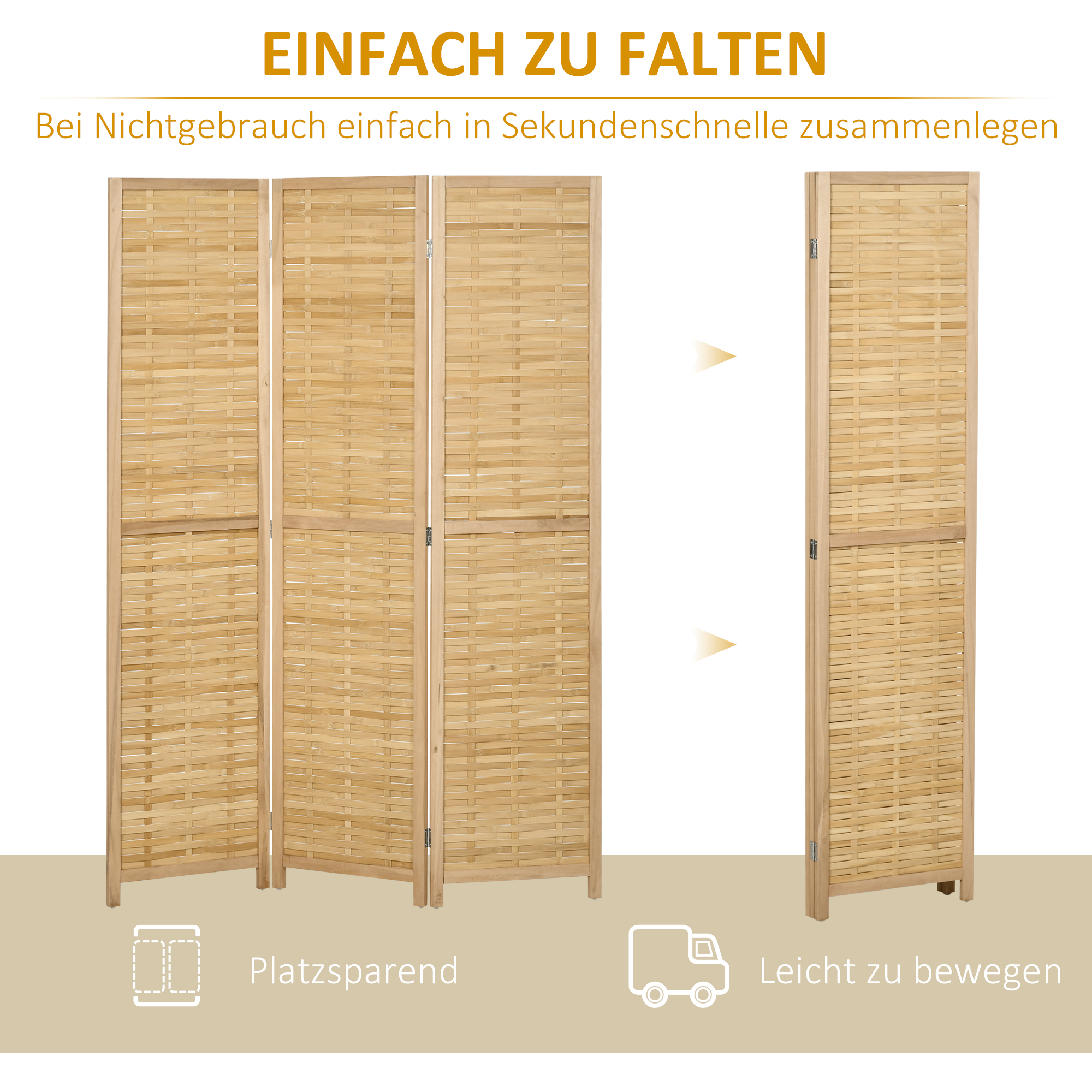Raumteiler Klappbare Trennwand Sichtschutz, Bambus, 3-teilig, 120 cm x 170 cm x 1,8 cm, Natur