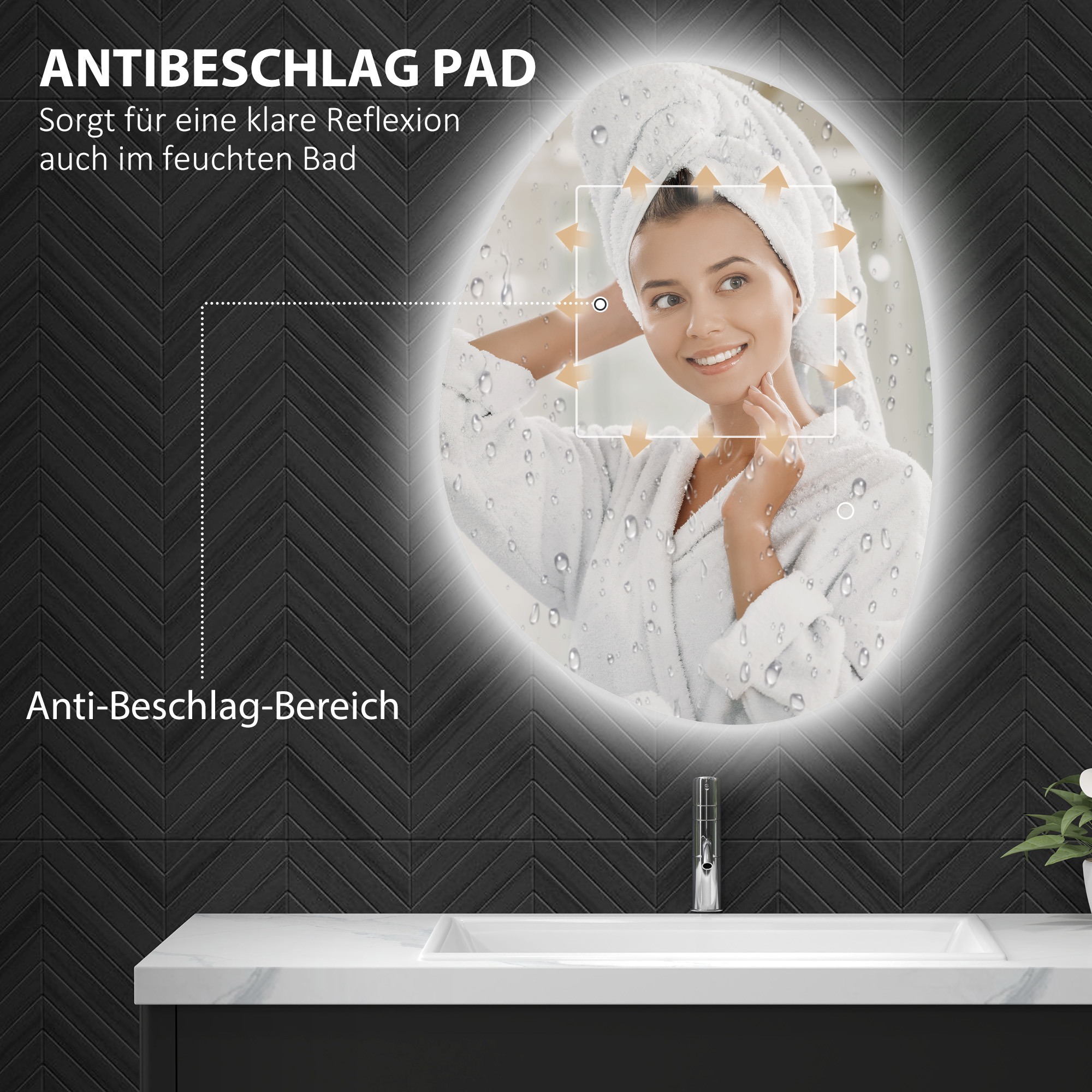 70 x 50 cm Asymmetrischer Badspiegel mit LED-Licht, Smart Touch Schalter, Anti-Beschlag-Funktion, Silber