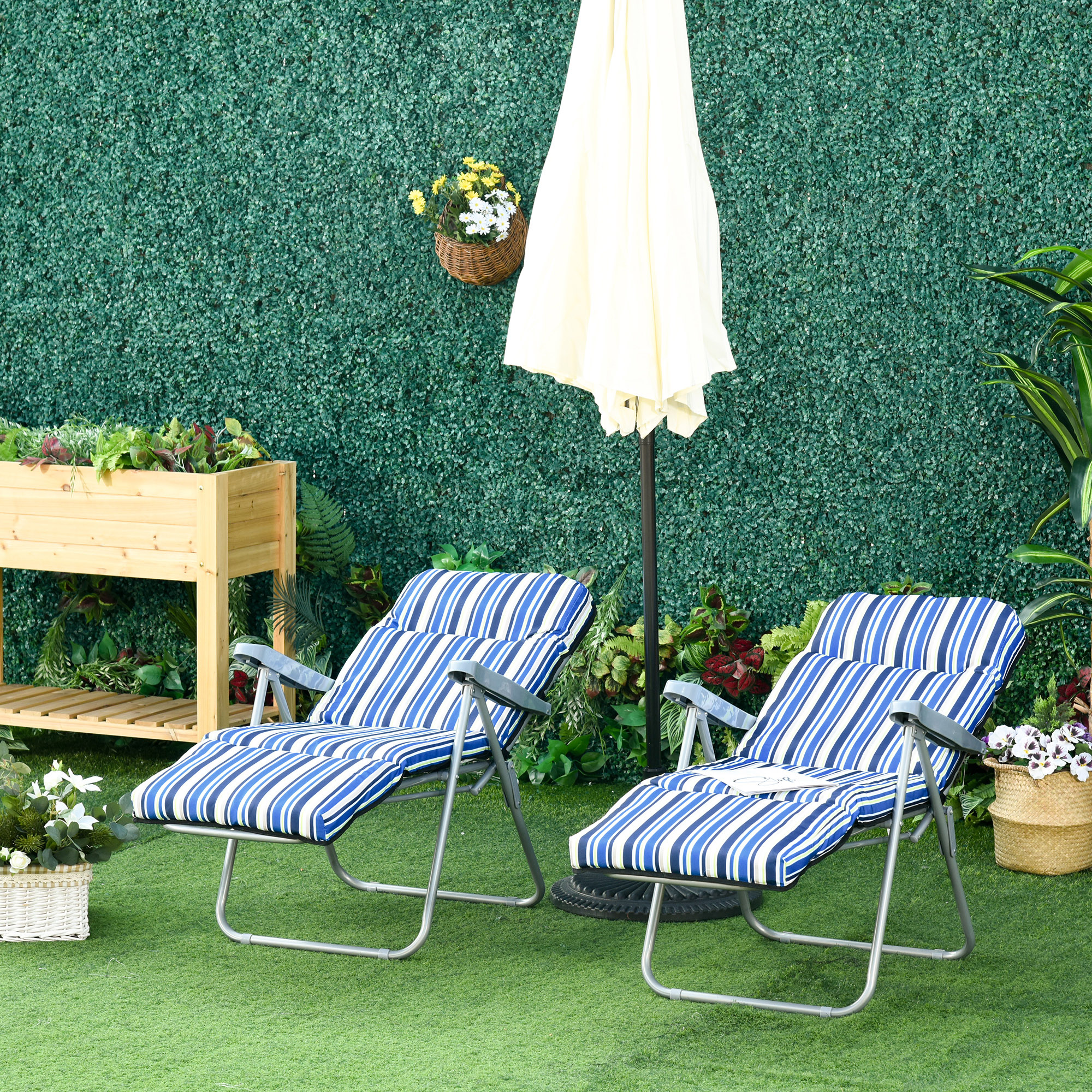 2er-Set Liegestuhl Set mit Kissen klappbar Sonnenliege 5 Stufen verstellbarer Rückenlehne Gartenliege Gartenmöbel Set Stahl Polyester Blau 60 x 75 x 65-102 cm