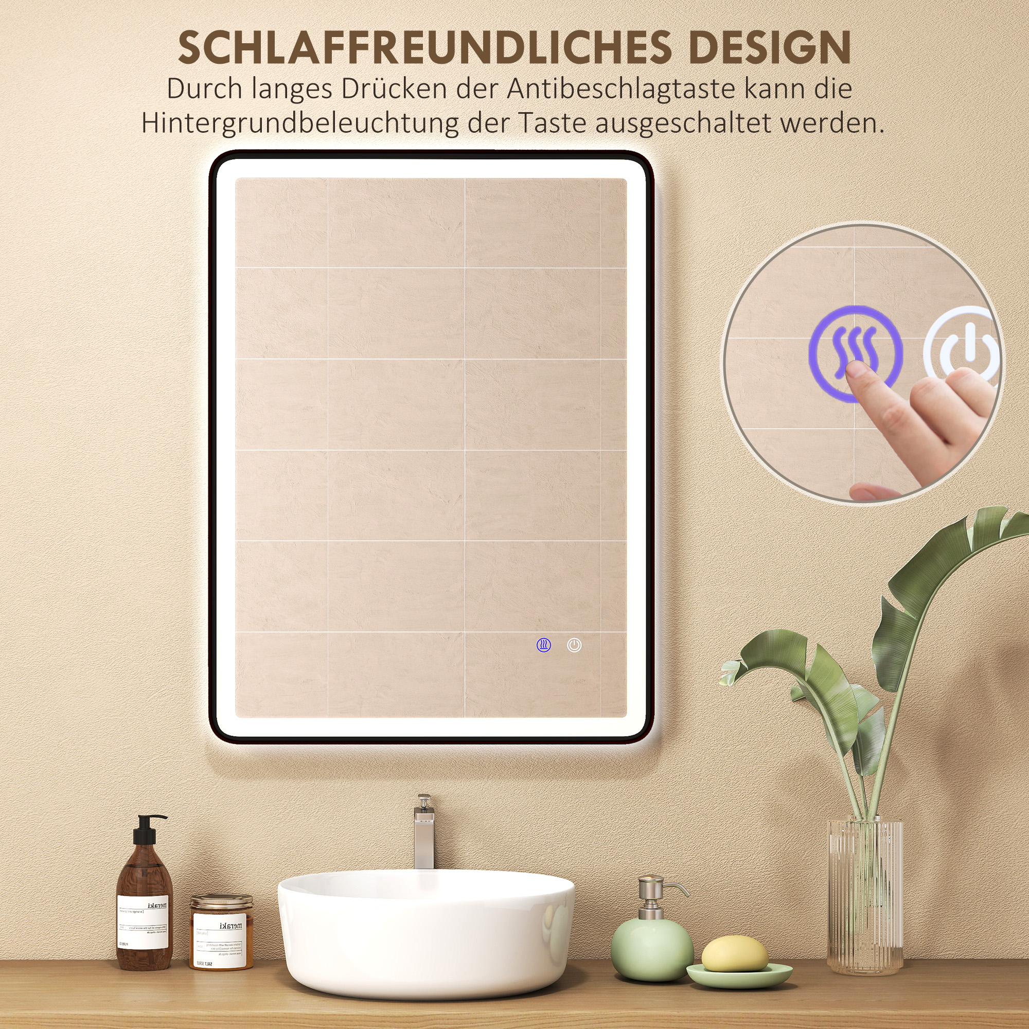 LED-Badezimmerspiegel Anti-Beschlag Dimmbare Schminkspiegel mit Beleuchtung 80 x 60 cm Schwarzer Rahmen