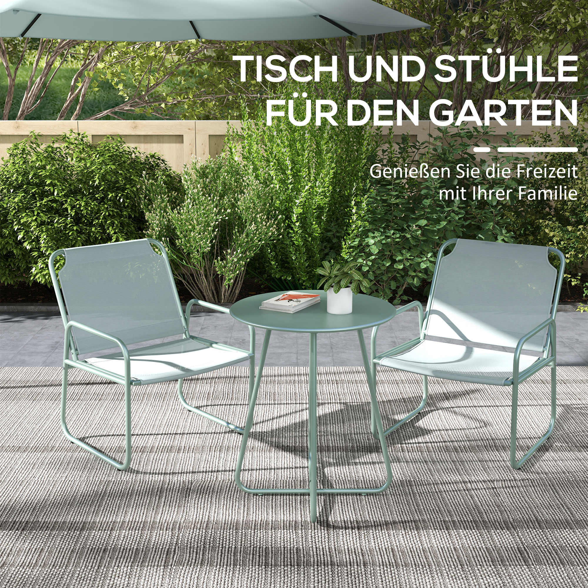 3-teiliges Gartenmöbelset, 2 Stühle mit atmungsaktivem Stoffbezug, 1 runder Tisch Ø60 cm, Grün