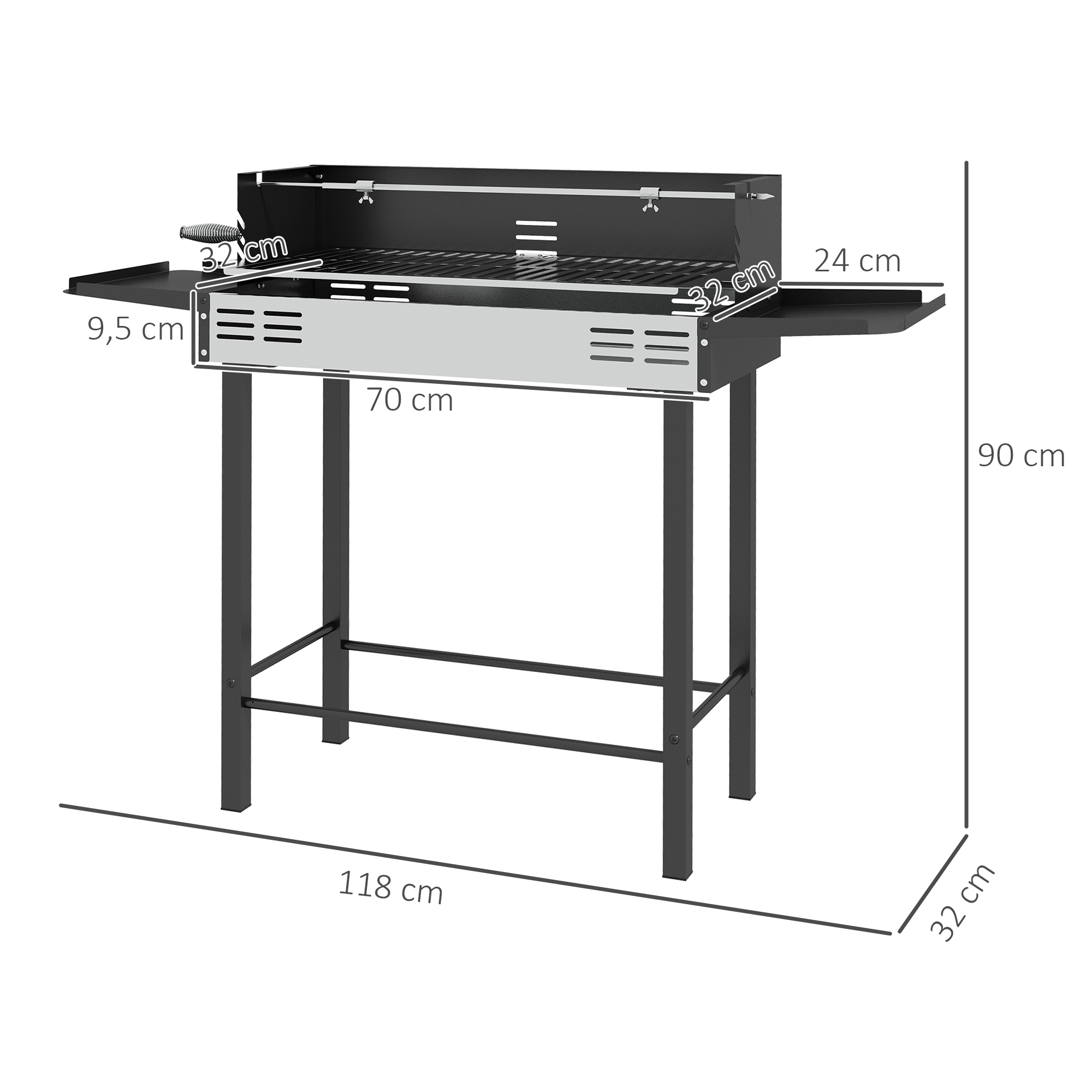Holzkohlegrill Grill BBQ-Grill, verstellbares Rost, 1 Drehspieß, 118 x 32 x 90 cm, Schwarz + Silber