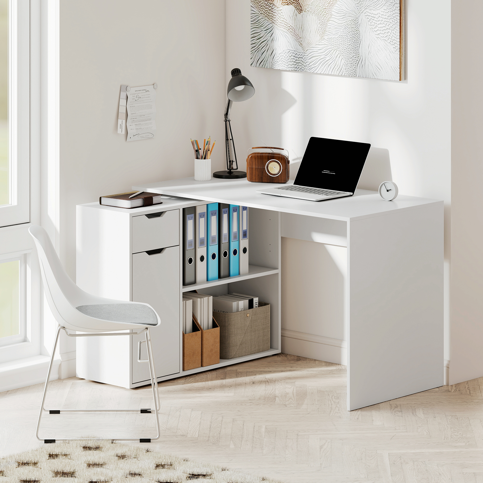 Flexibler Schreibtisch, 2-stufiger Schrank, Schublade, offene Fächer, Holz, Weiß