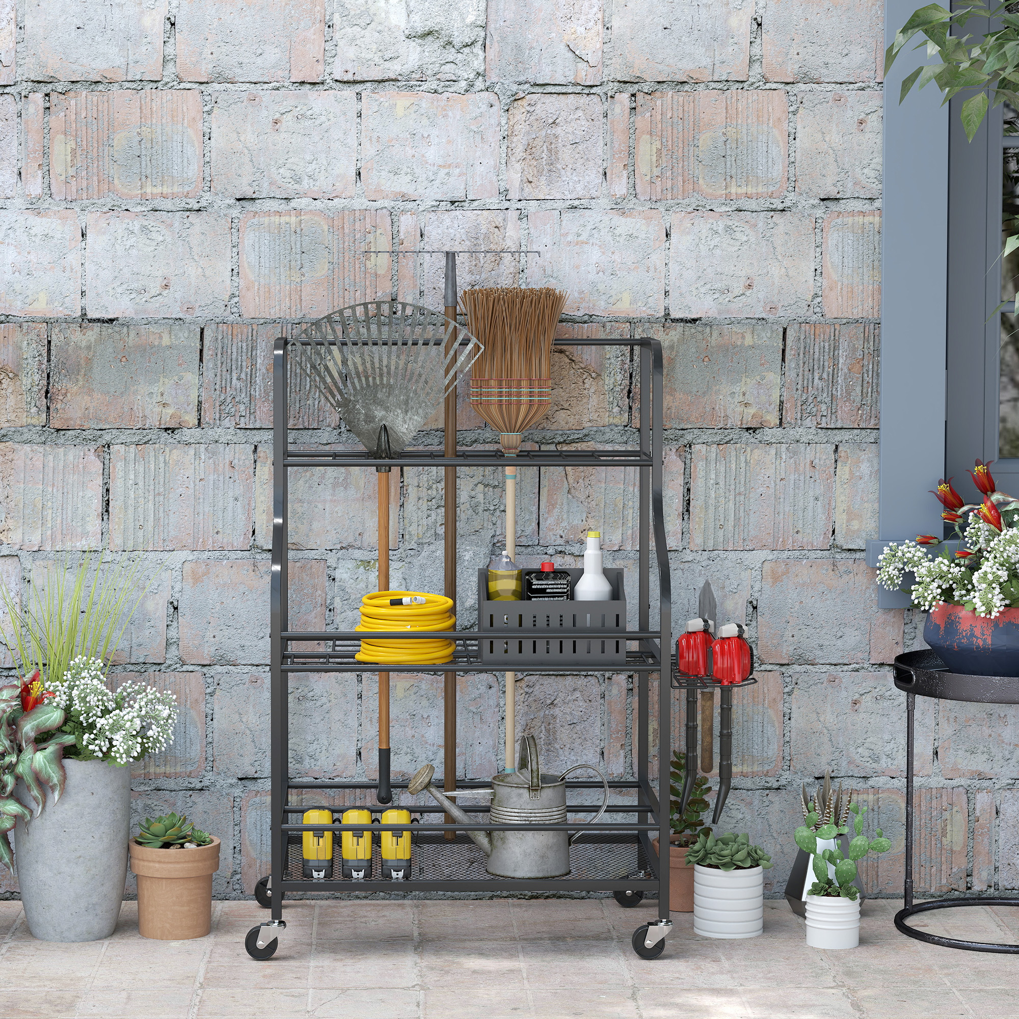 Gartenwerkzeug-Organizer 3-stufig Gartengeräte Ständer mit Haken bis 40 kg belast 77x40x97cm Schwarz