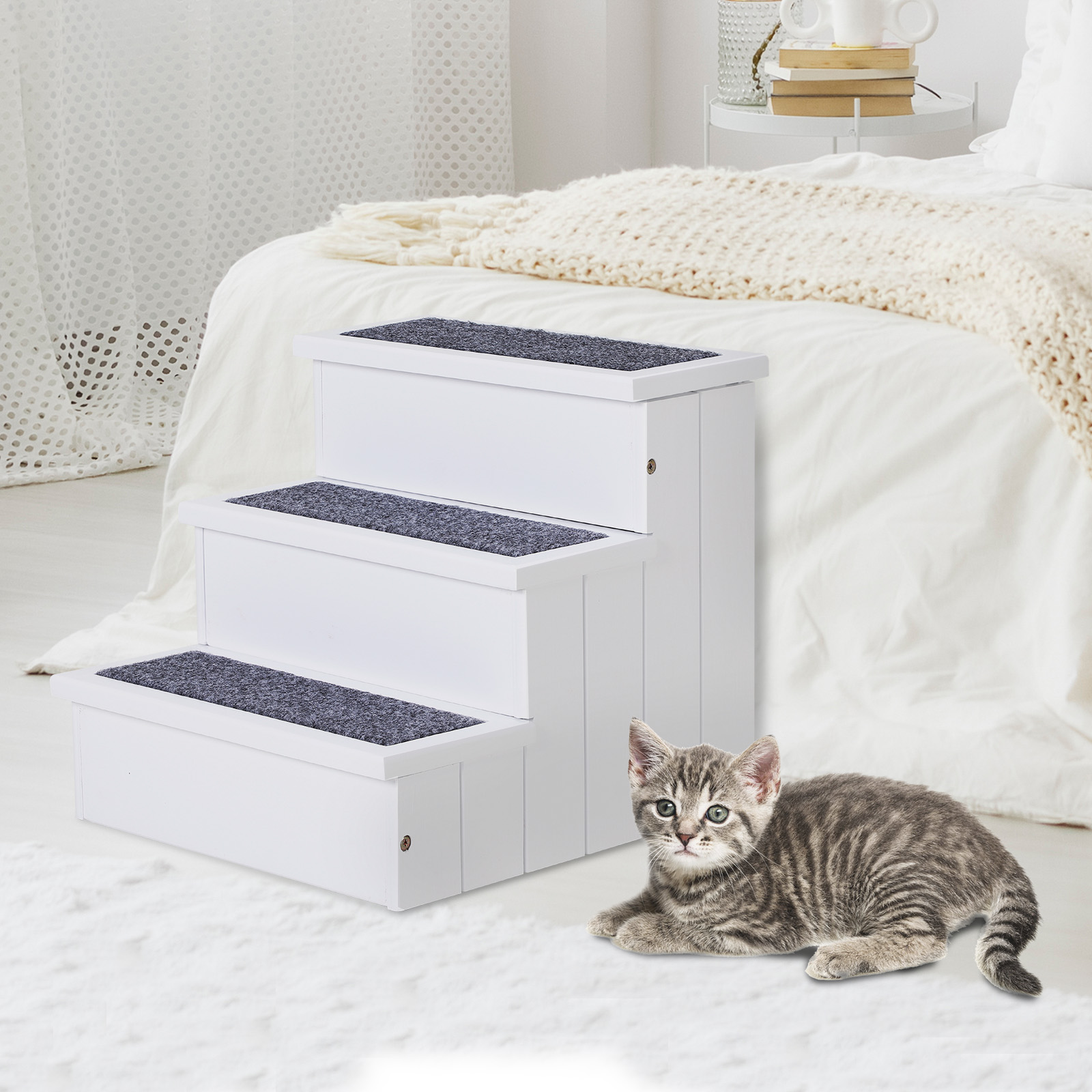 Hundetreppe 3 Stufen Katzentreppe Haustiertreppe Hundetreppe für Hunde und Katzen Tiertreppe Einstiegshilfe mit Teppich Stauraum für Sofa Bett Tannenholz Weiß 40,5 x 44,5 x 38 cm