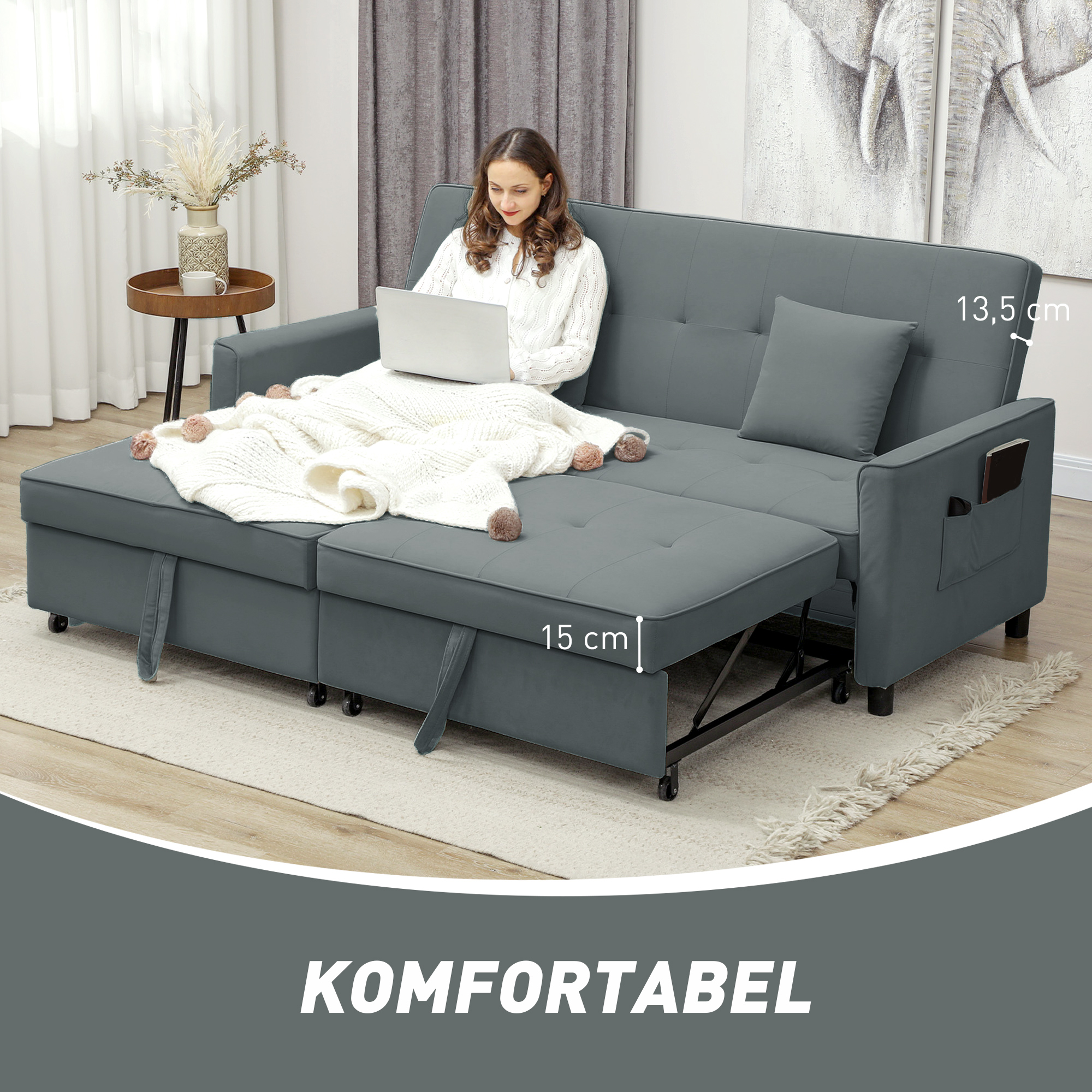 Sofabett, verstellbare 3-Sitzer-Couch mit Bettfunktion, Schlafsofa mit ausziehbarem Bett, Kissen, Grau