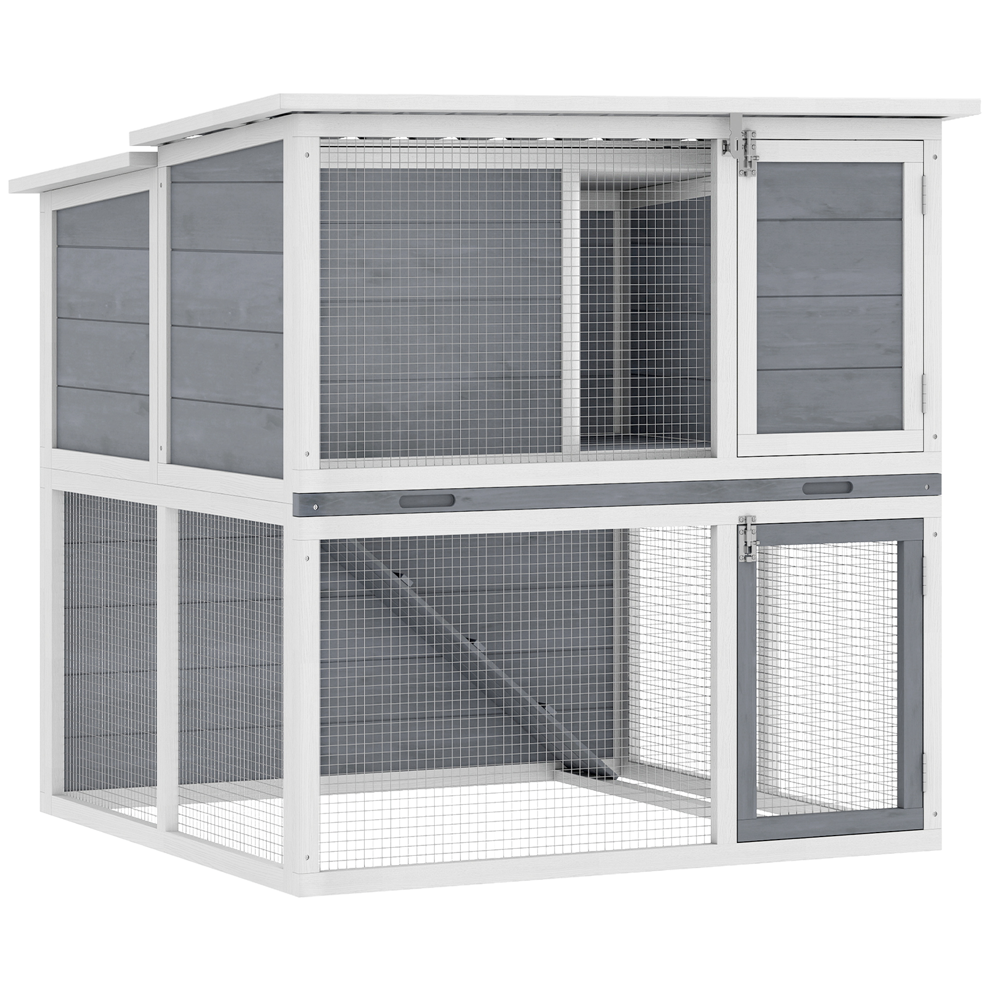 Hasenstall 2 Etagen Kaninchenstall aus Holz mit wetterfest aufklappbar Dach, Freilaufgehege, Rampe, 98x95x102,5 cm Grau