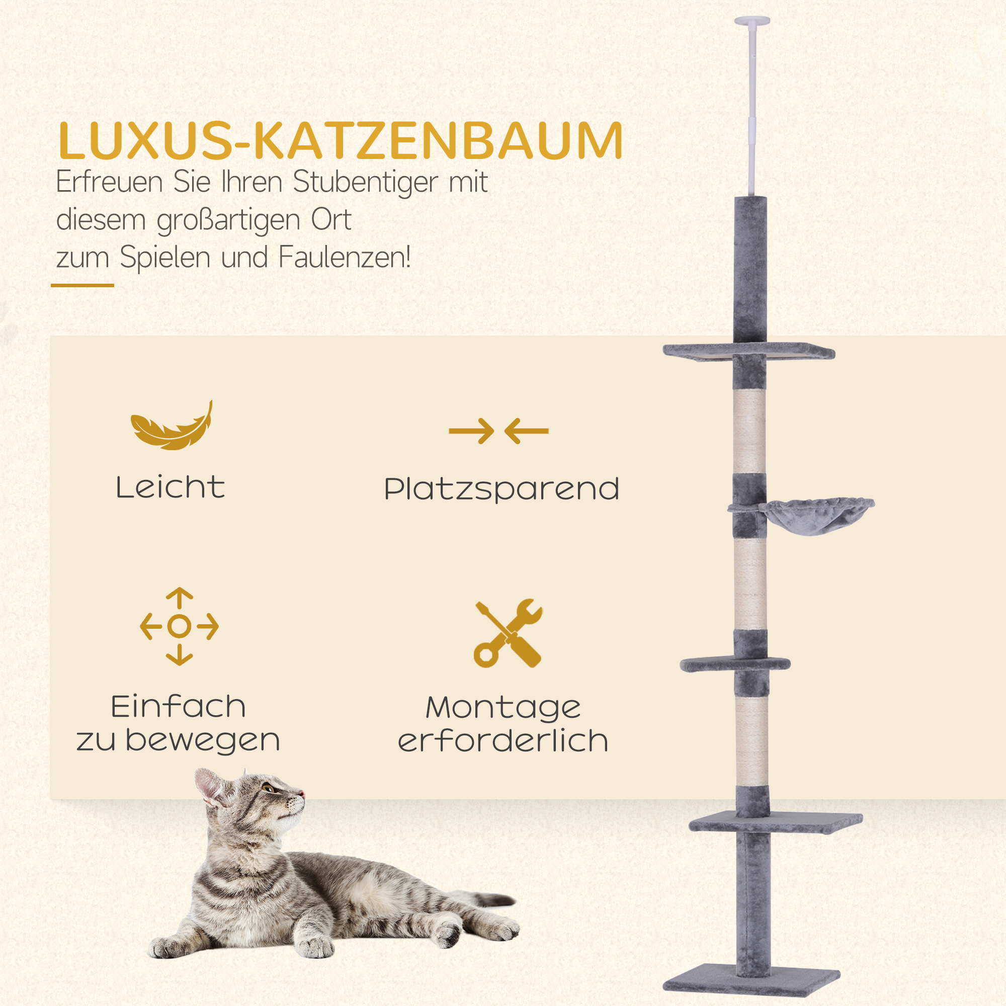 Kratzbaum Deckenhoch höhenverstellbar, stabiler Katzenbaum mit Sisalsäulen, Katzen Kletterbaum, Grau, 40 x 34 x 230-260 cm