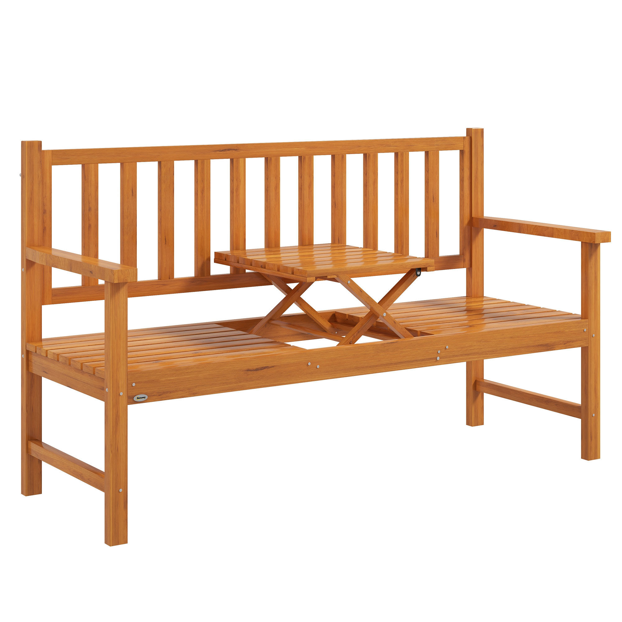 Gartenbank Holzbank Outdoor-Bank, ausklappbarer Tisch, wetterbeständig, Massivholz, 153 cm x 56 cm x 91 cm,  Hellbraun