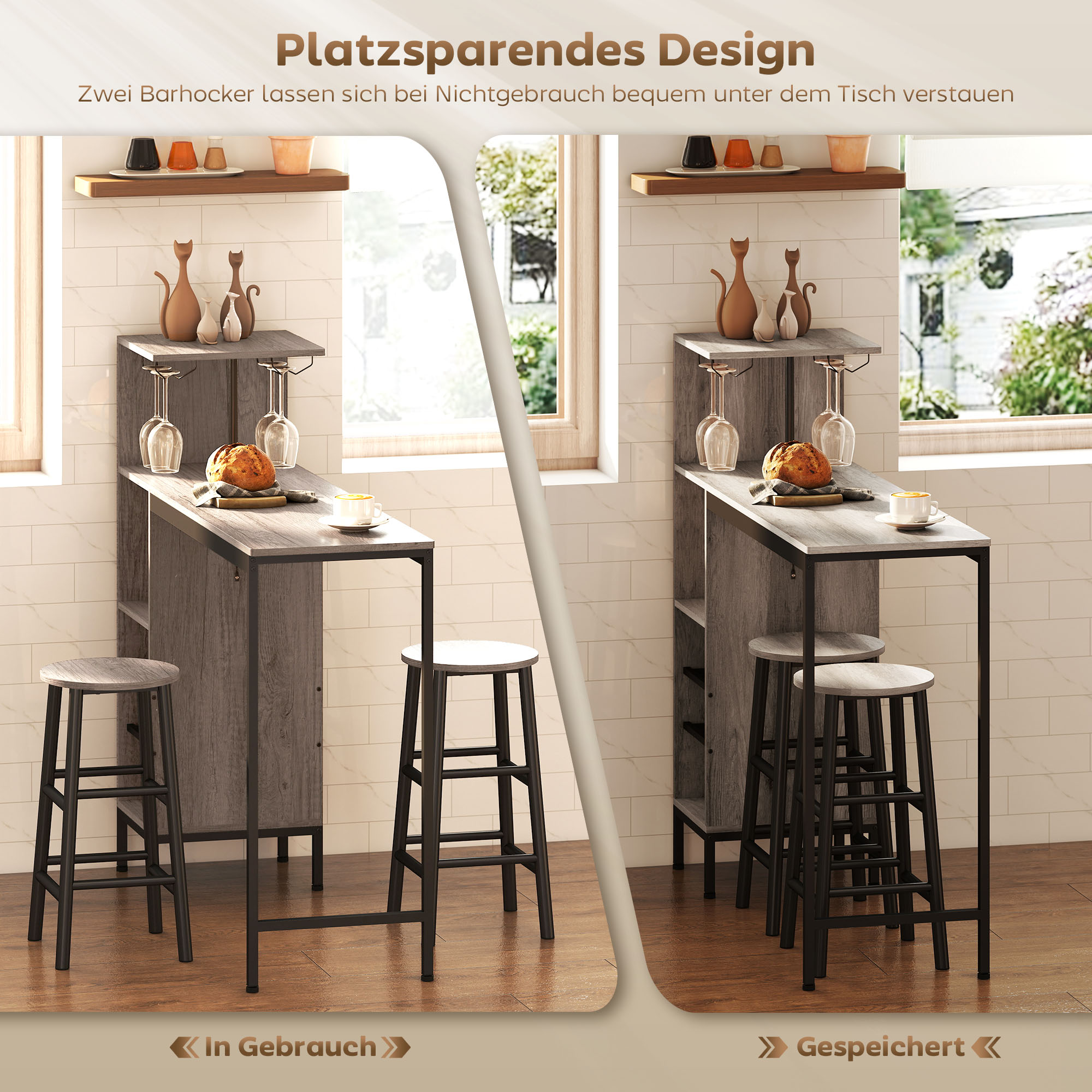 3-tlg. Bartisch-Set mit Stauraum, Weinregalen, Glashaltern, Hockern mit Fußstütze, für kleine Räume, Grau