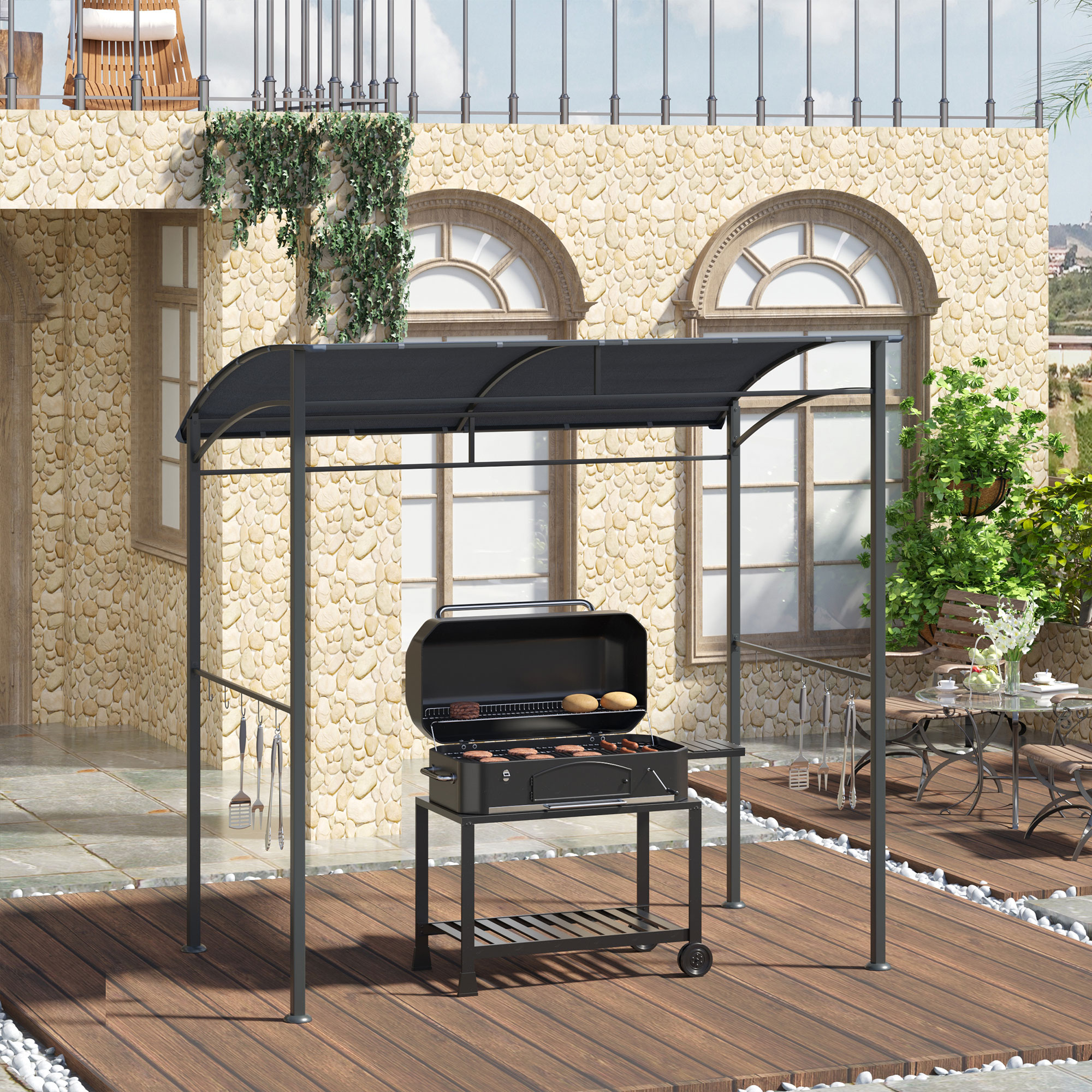 Grillpavillon, Grillüberdachung, Regenschutz, Haken für Utensilien, Stahlrahmen, grau, 215 x 150 x 174/220 cm