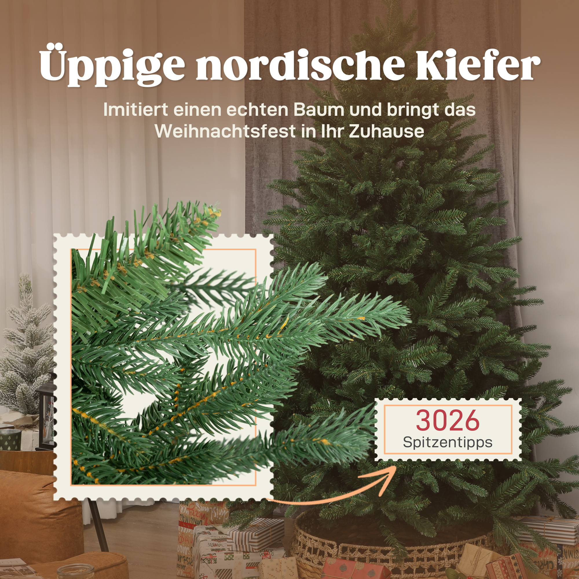 Künstlicher Weihnachtsbaum 180 cm Kiefernbaum künstlich mit 3026 Spitzen für drinnen