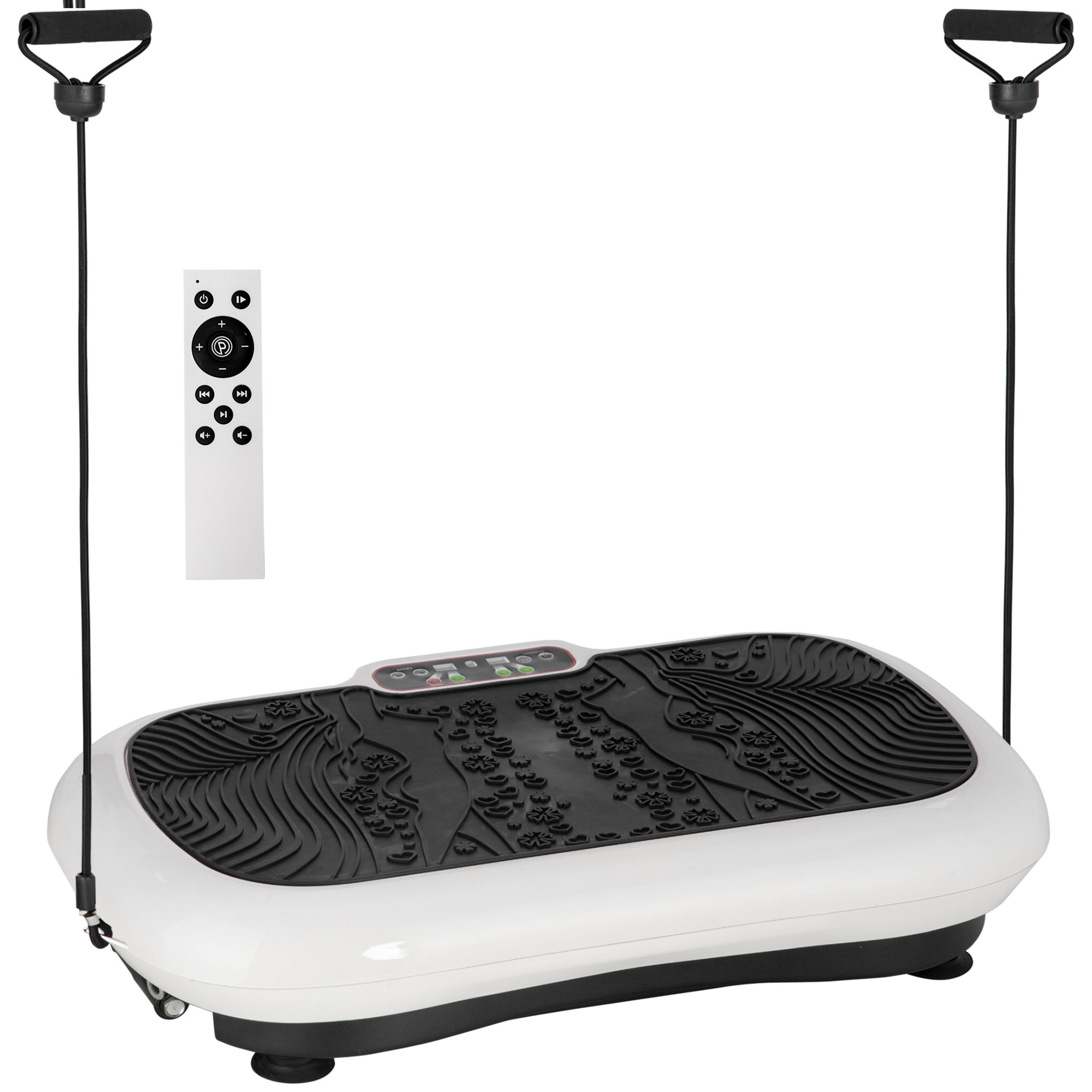 Vibrationsplatte mit 99 Stufen, 2 Fitnessbändern 73 x 40 x 13cm Weiß+Schwarz Vibrationsplatte mit 99 Stufen, 2 Fitnessbändern 73 x 40 x 13cm Weiß+Schwarz