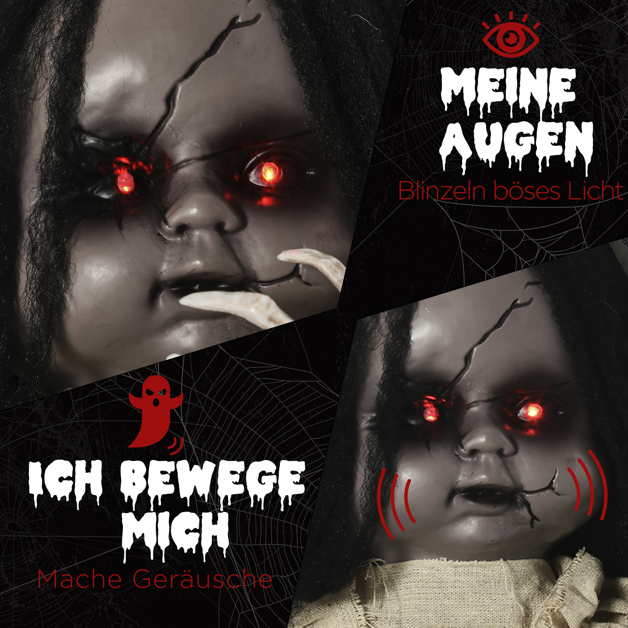Halloween Dekoration Geisterpuppe mit Spezialeffekten und Soundfunktion 80 cm x 23 cm x 83 cm