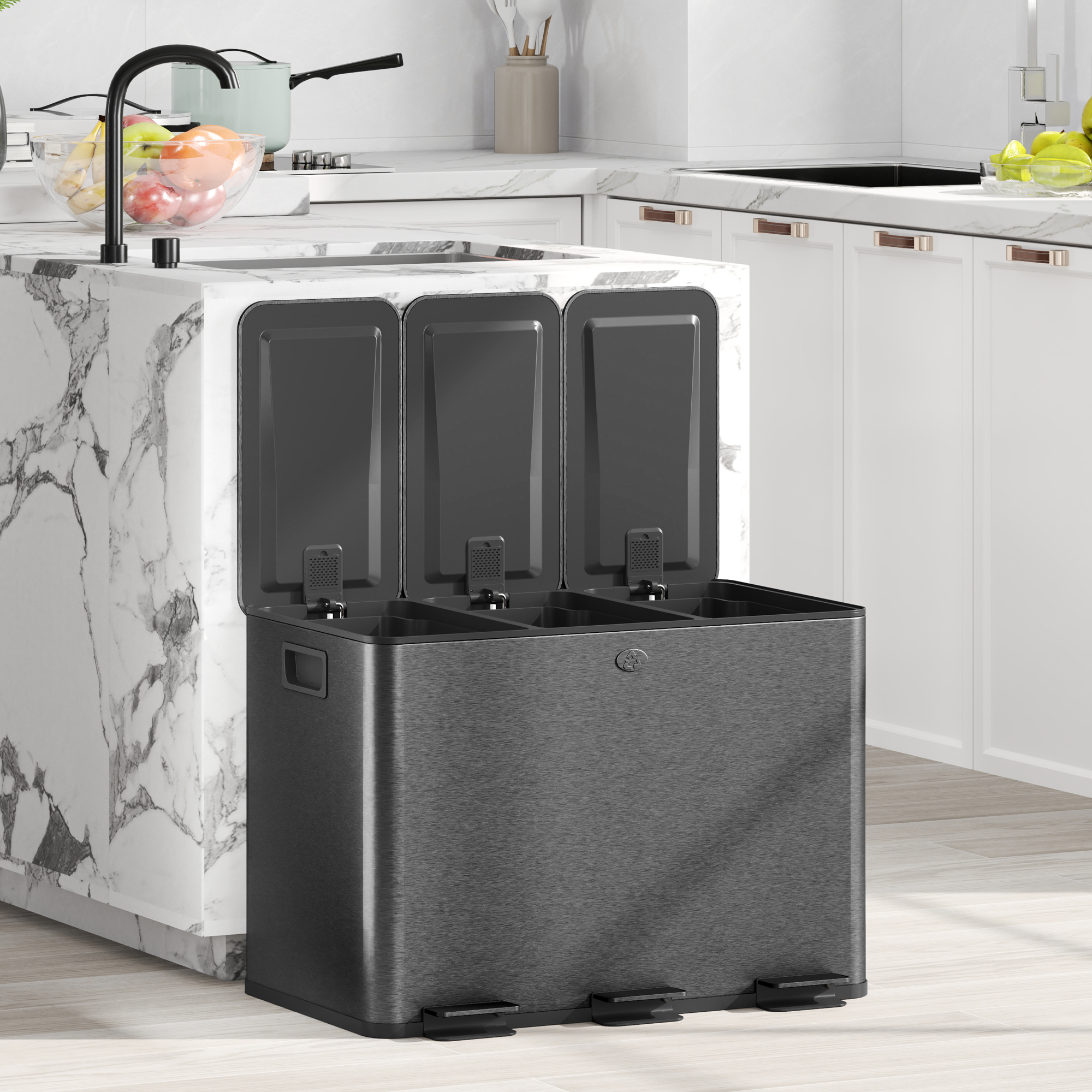 Mülleimer mit 3 x 20 L Fächern, Deodorant-Deckel, fingerabdrucksicher, Soft-Close, herausnehmbar, Schwarz