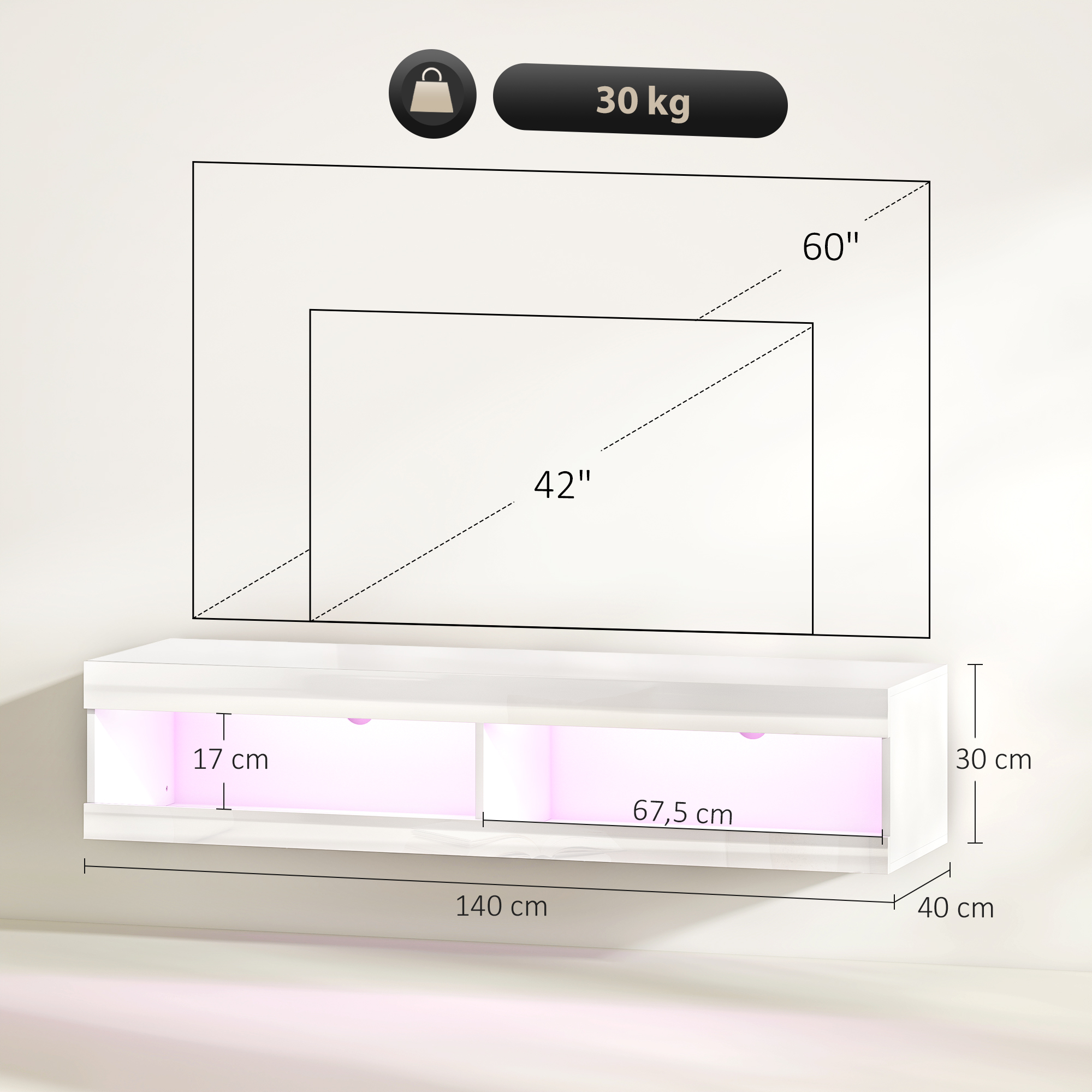 TV Schrank, Hängendes TV Lowboard mit RGB LED-Beleuchtung in 16 Farben, TV Ständer mit offenen Stauraum, für 55-60 Zoll Fernseher, für Wohnzimmer, Schlafzimmer, 140 x 40 x 30 cm, Hochglanzweiß