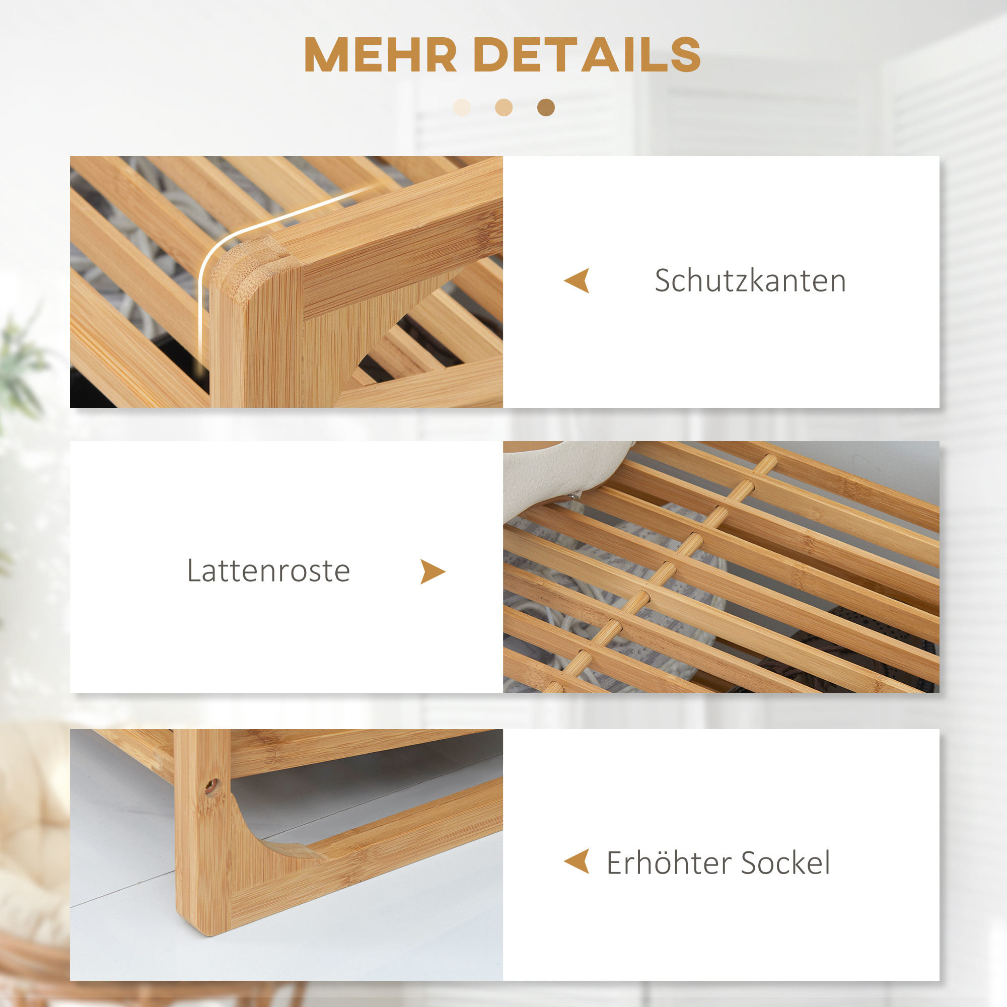 Schuhregal für 9 Schuhpaare, 3 Etagen, erhöhte Kanten, Bambusholz, 76 x 33 x 51 cm