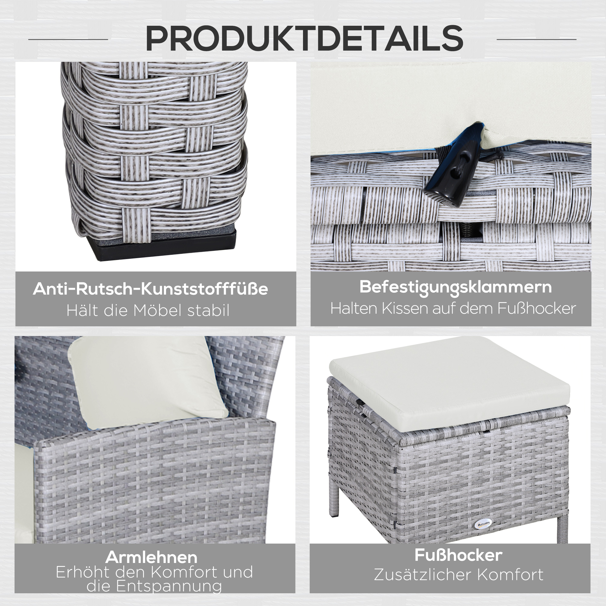 5-tlg, Gartenmöbel Set, Rattan Sitzgruppe mit Fußhocker, Metall, Grau, 142 x 60 x 75 cm