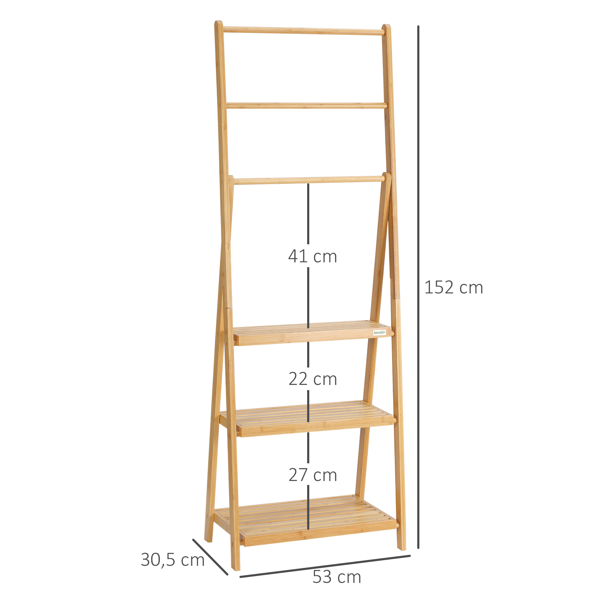 Handtuchleiter aus Bambus mit Regalen, 3 Regale, 3 Handtuchhalter, klappbar, 53 cm x 30,5 cm x 152 cm, Natur