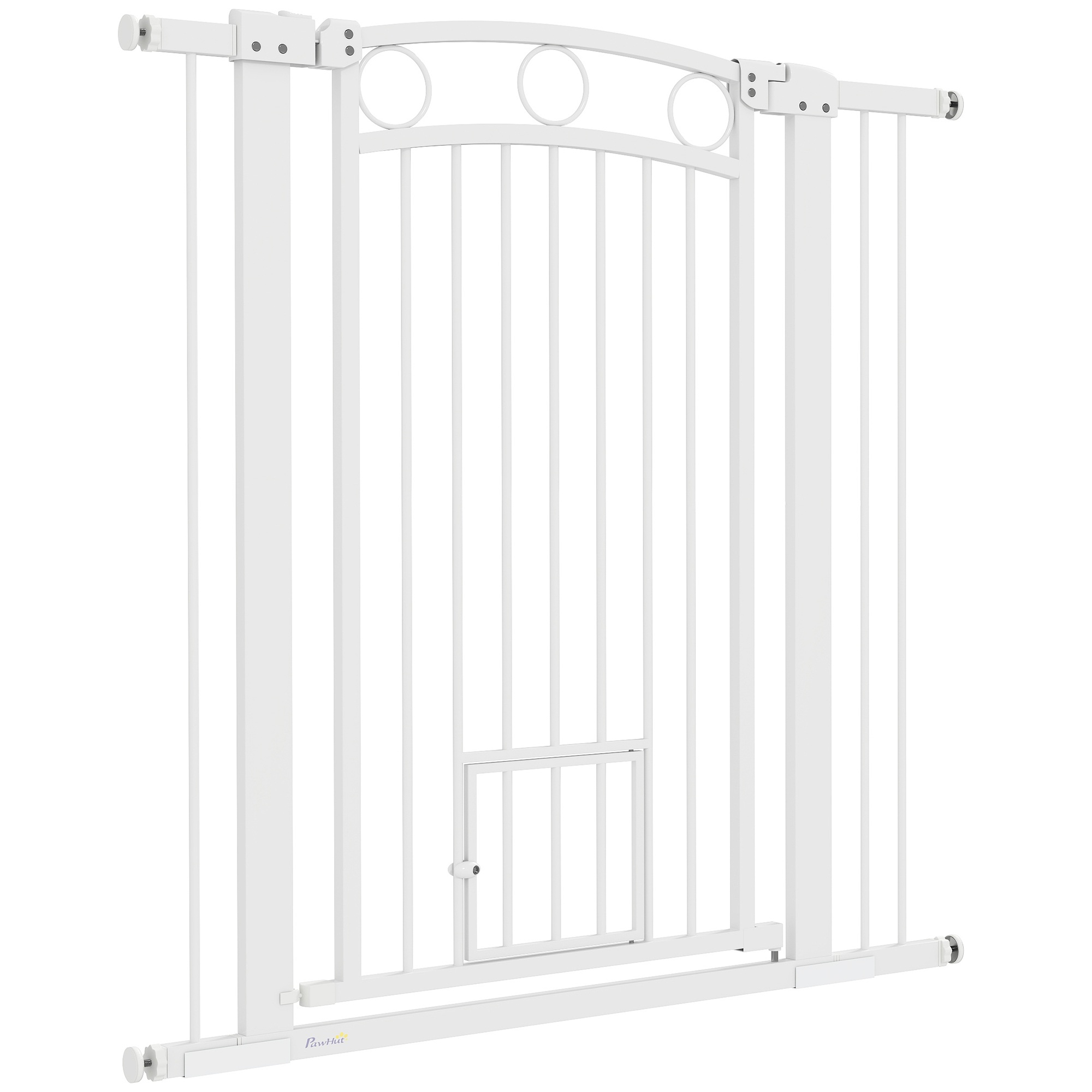 106 cm hohes Haustiergitter mit anpassbarer Breite, integrierte Katzentür, für Treppen und Türrahmen, Weiß
