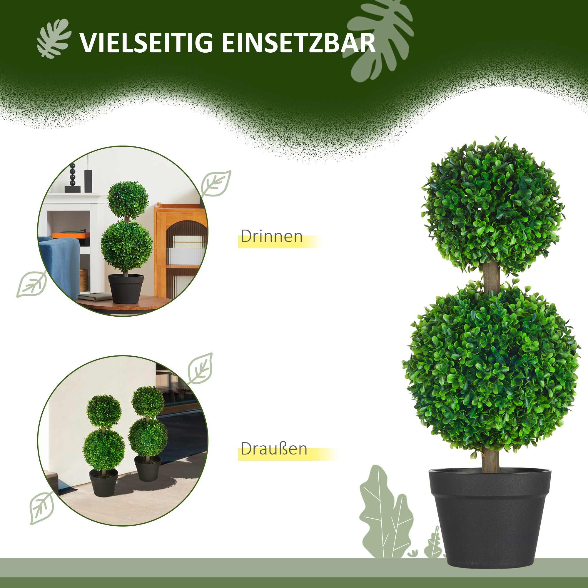 2er-Set künstlicher Buchsbaum, 2 Buchsbäume, Outdoor, 17 cm x 17 cm x 60 cm, Grün + Braun+ Schwarz