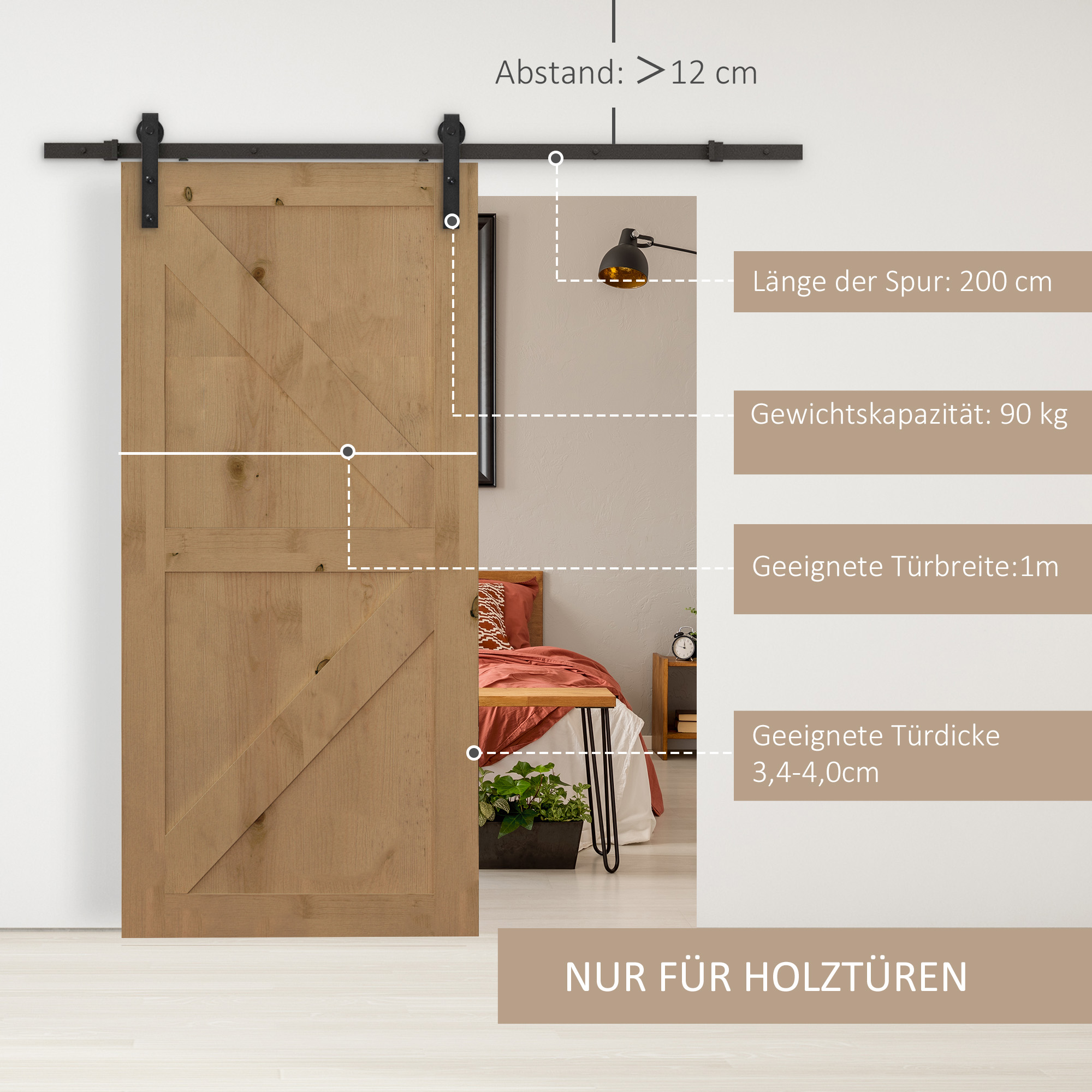 Gleitschienen-Bausatz für Schiebetür, bis 90 kg, Kohlenstoffstahl, 200 cm, Schwarz, inkl. Werkzeuge