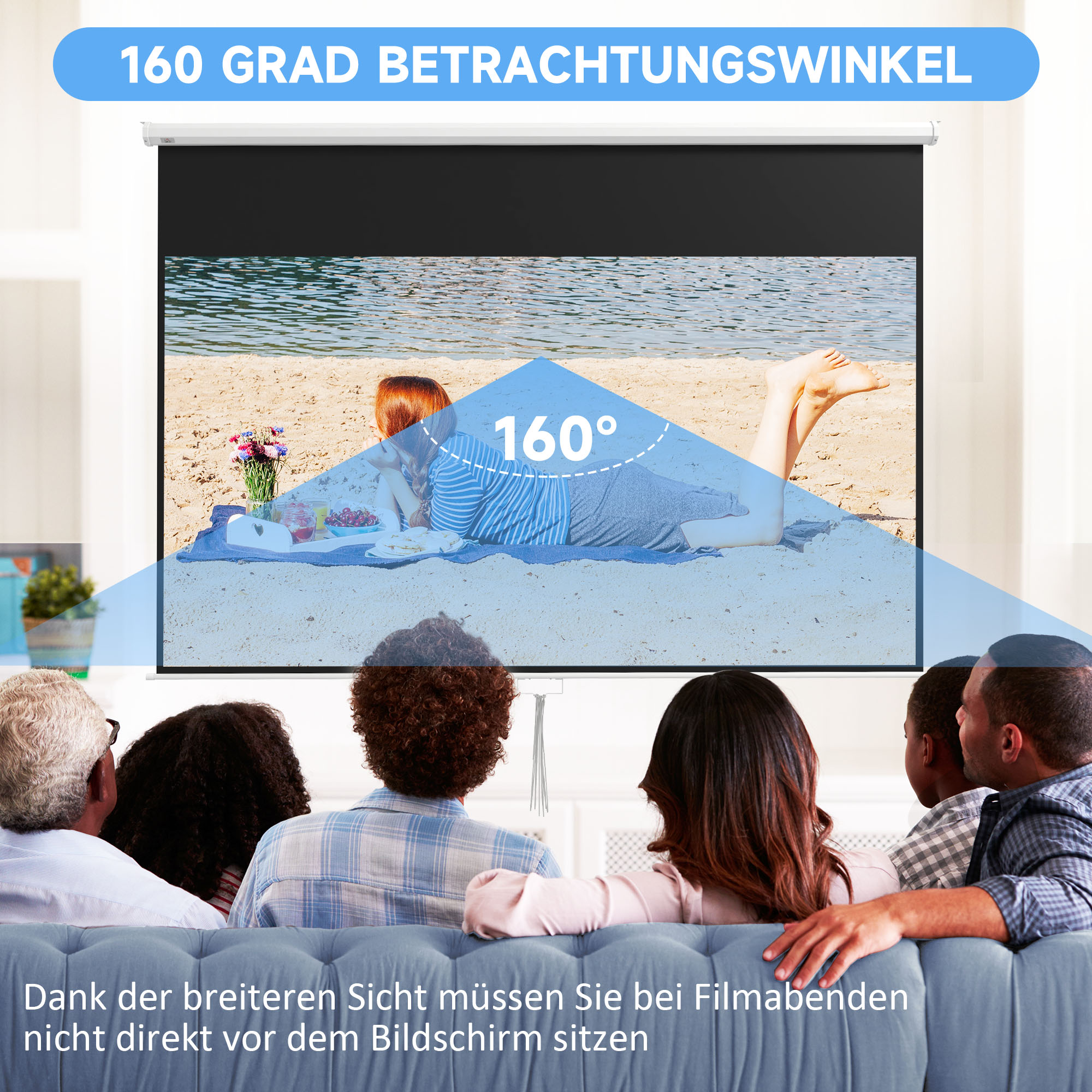Projektorleinwand, 120 Zoll, 16:9 Format, Wand- oder Deckenmontage, Weiß