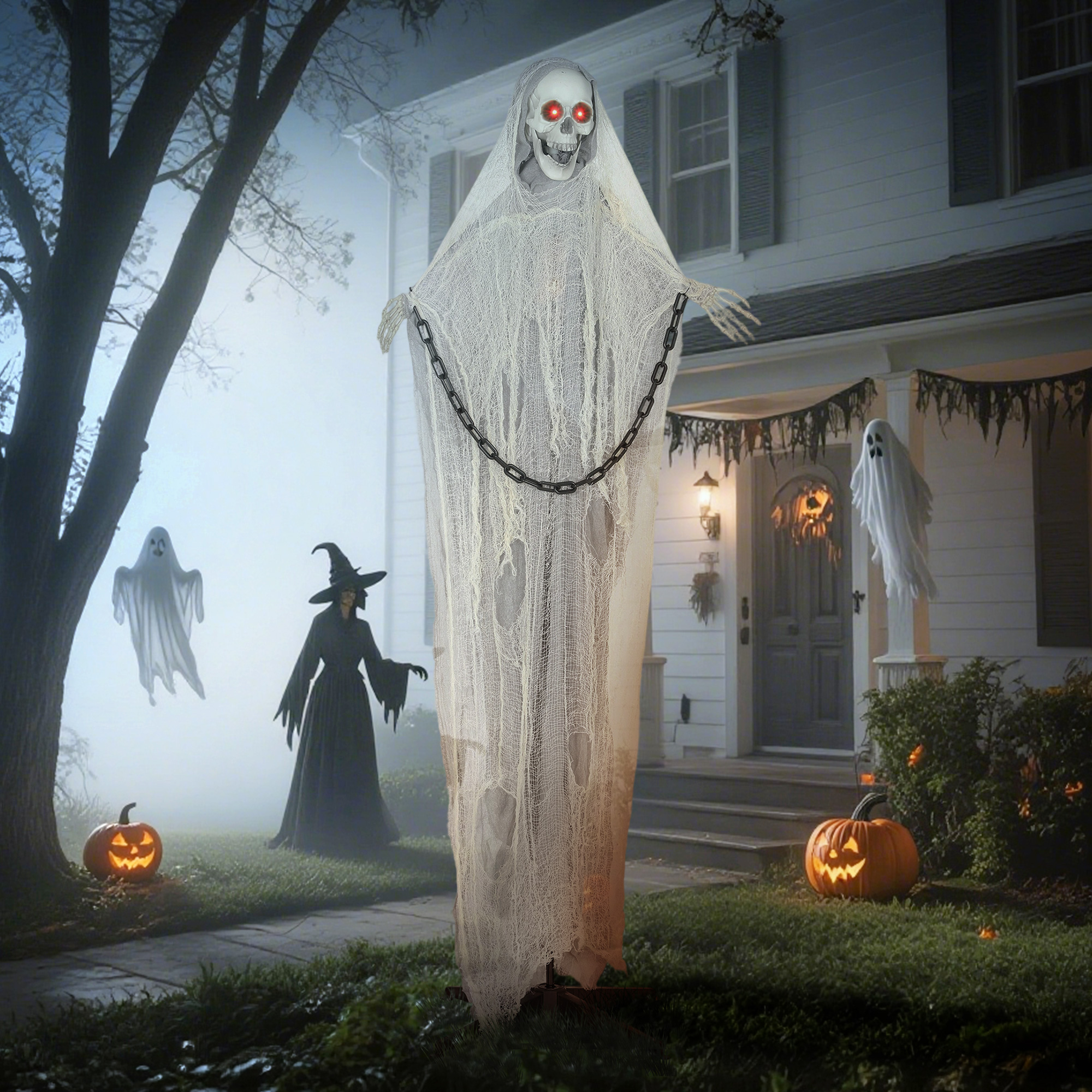 Halloween Deko Sensenmann Outdoor 183cm Animiert Sprechende Halloween Sensenmann mit Leuchtenden Augen gruseligem Sound Halloweendeko Halloween-Dekoration für Tür Garten Party Hof Spukhaus