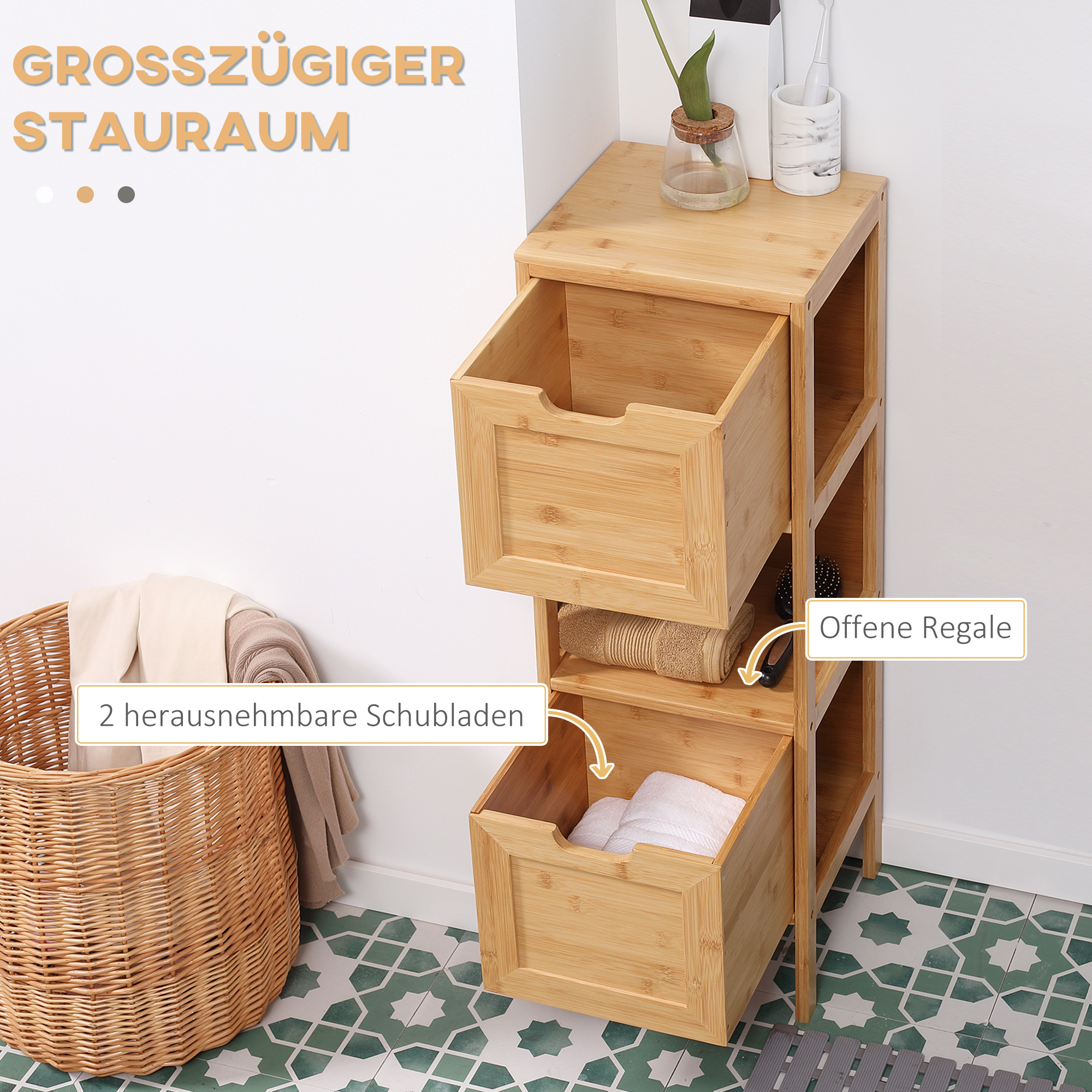 Badezimmerschrank aus Bambus, 1 Regal, 2 Schubladen, 30 cm x 30 cm x 90 cm; Natur